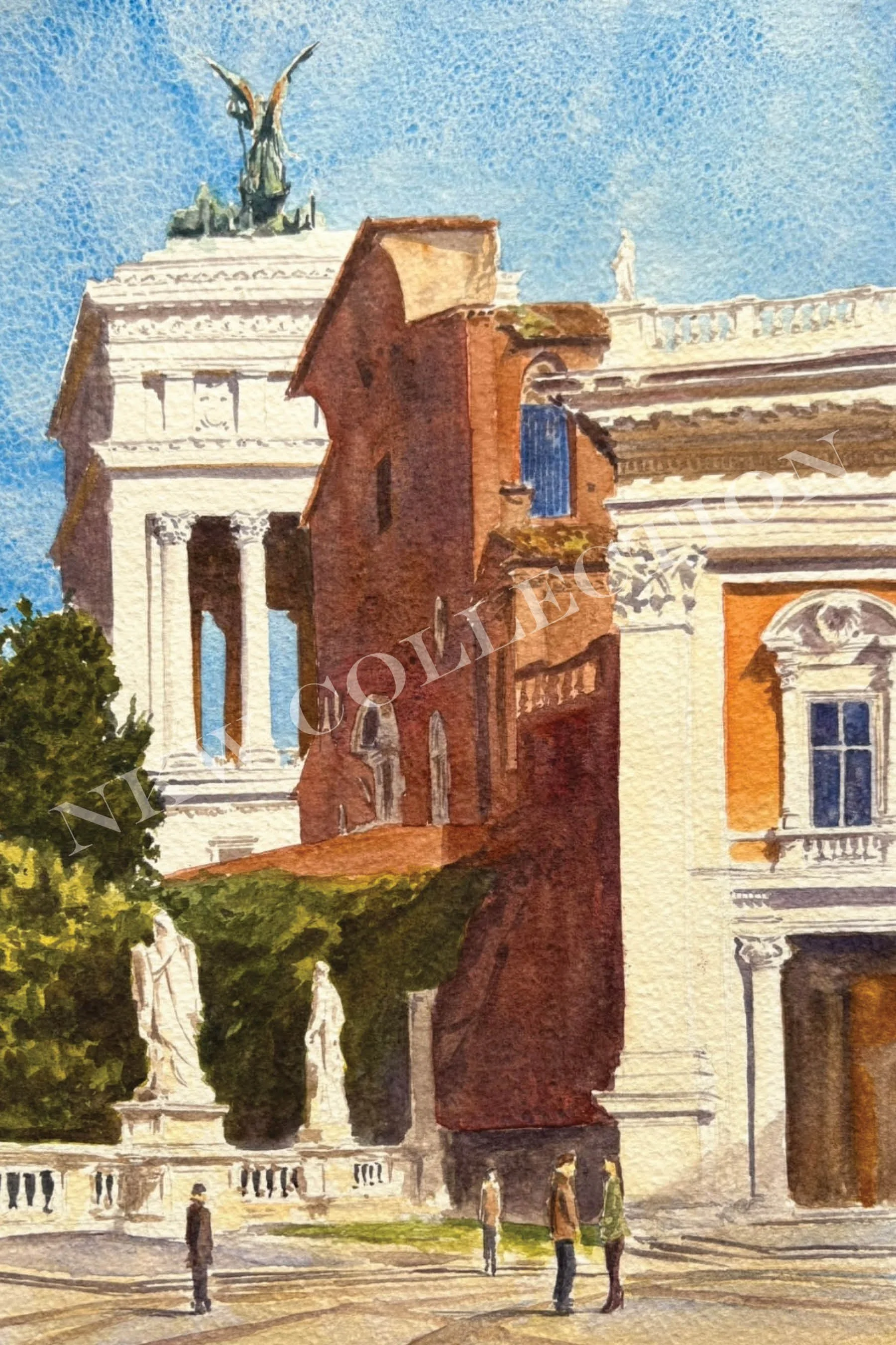 Watercolor illustration of an ornate European city street with classical buildings, statues, trees, and pedestrians under a blue sky