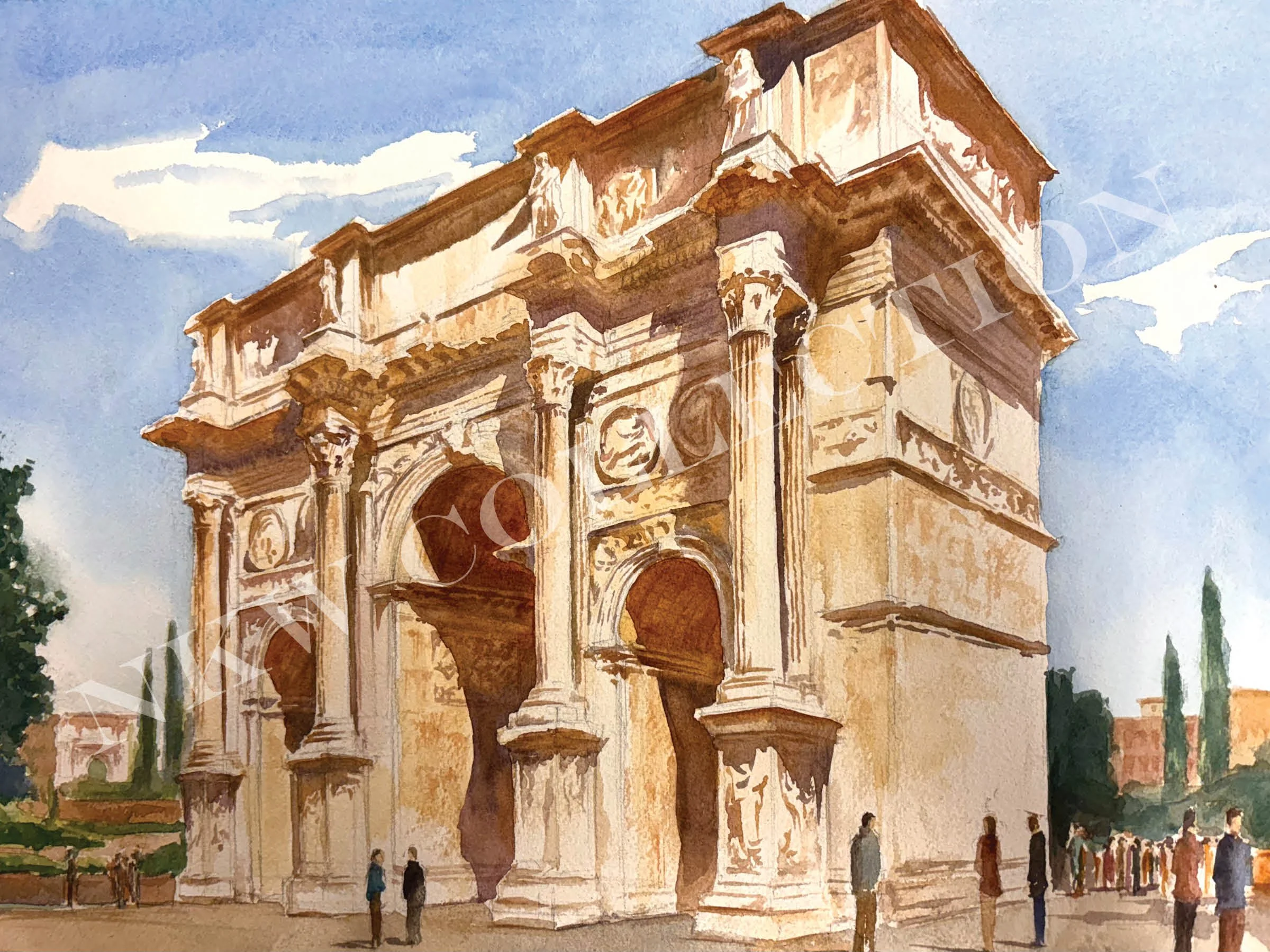 Watercolor illustration of an ornate classical Roman building with Corinthian columns, arches, and people beneath a blue sky