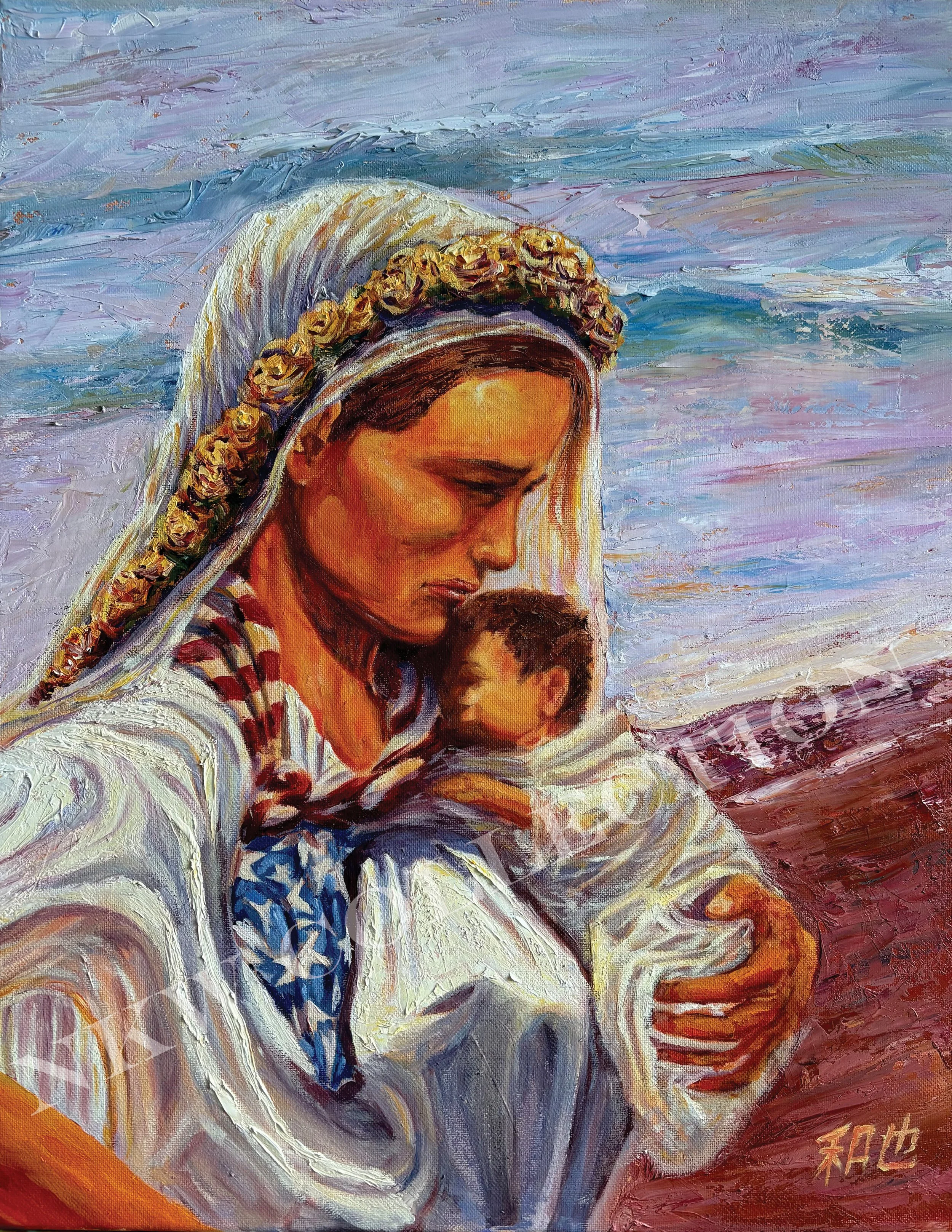 Impressionist oil painting of a solemn woman with long white hair, wearing a floral crown and draped shawl against a pastel blue background.