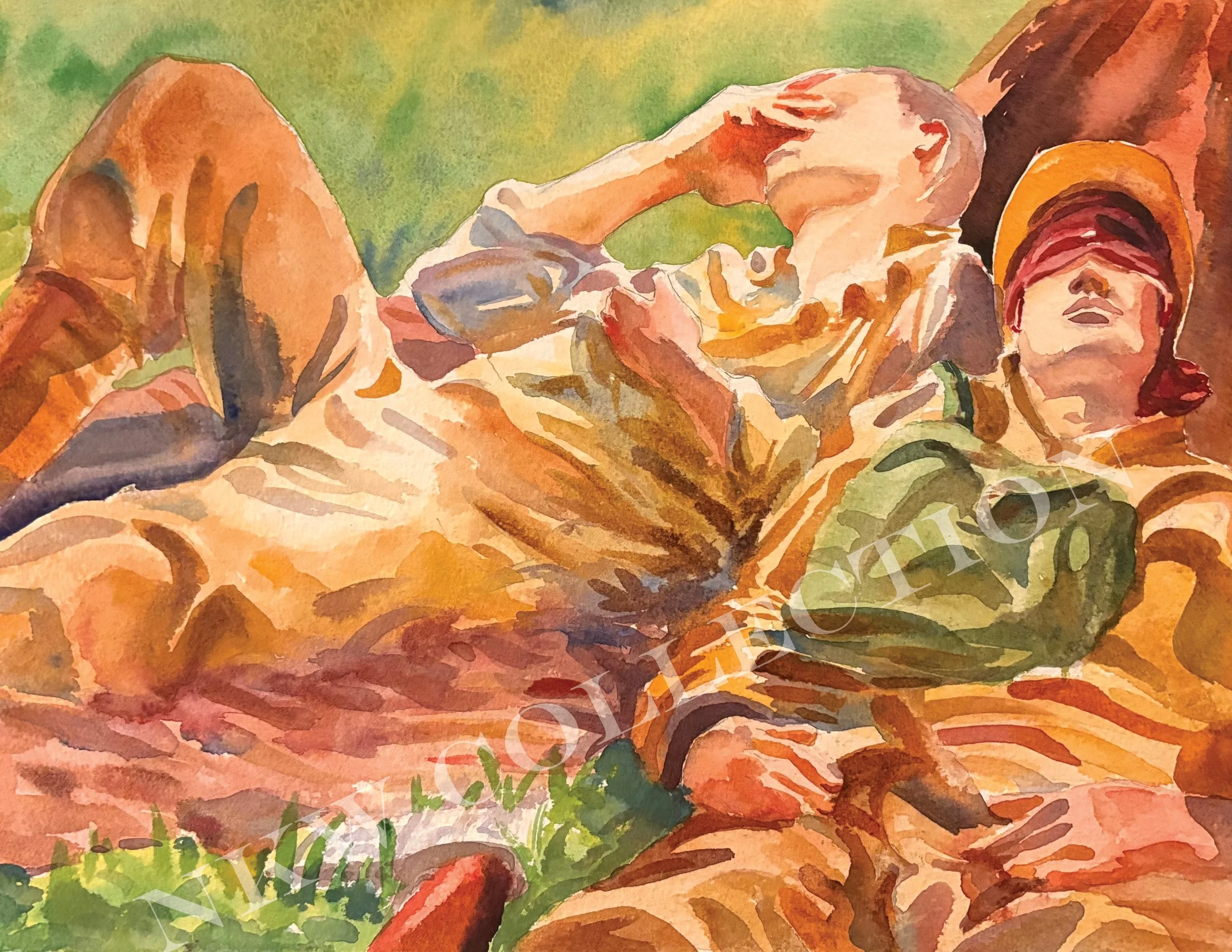 Watercolor painting of a reclining skeleton with a brown hat beside a large pumpkin and autumn foliage