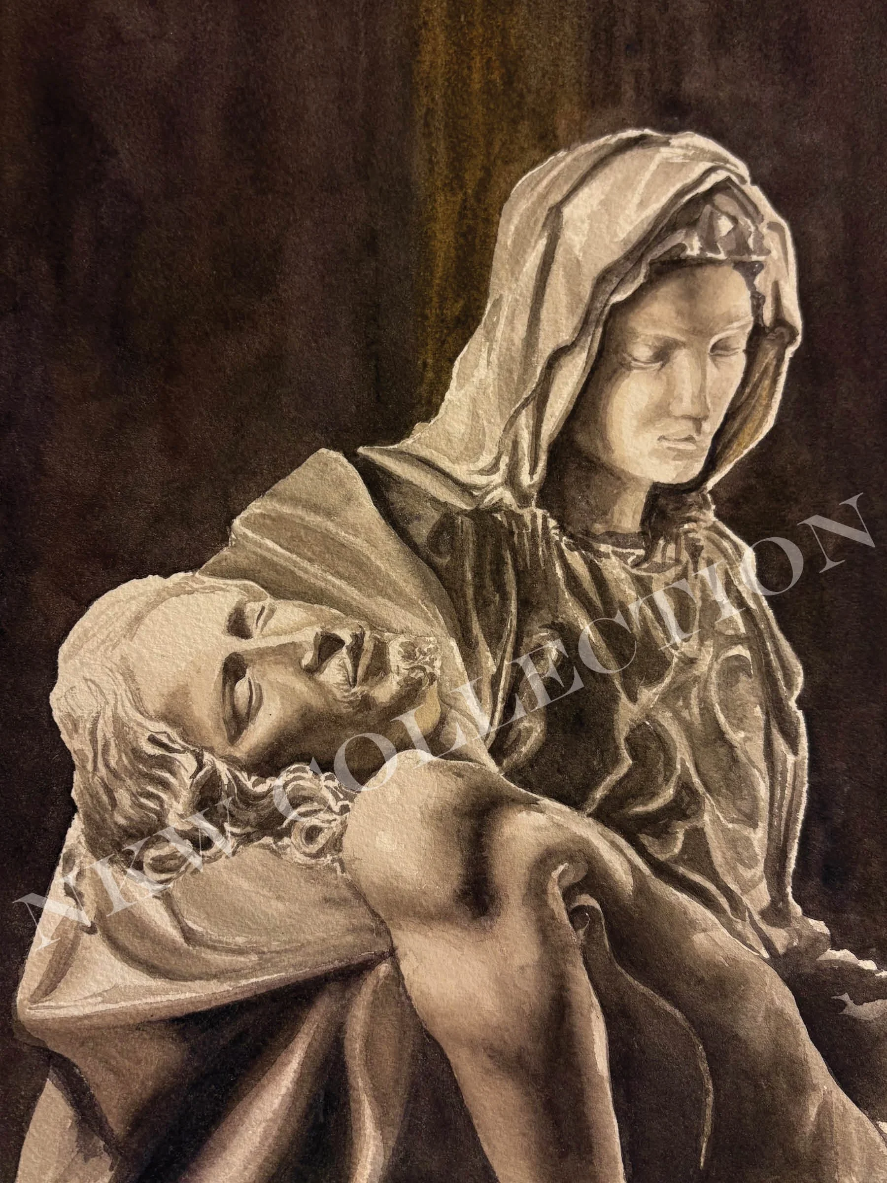 Sepia-toned illustration of a hooded woman cradling a sleeping infant in her arms