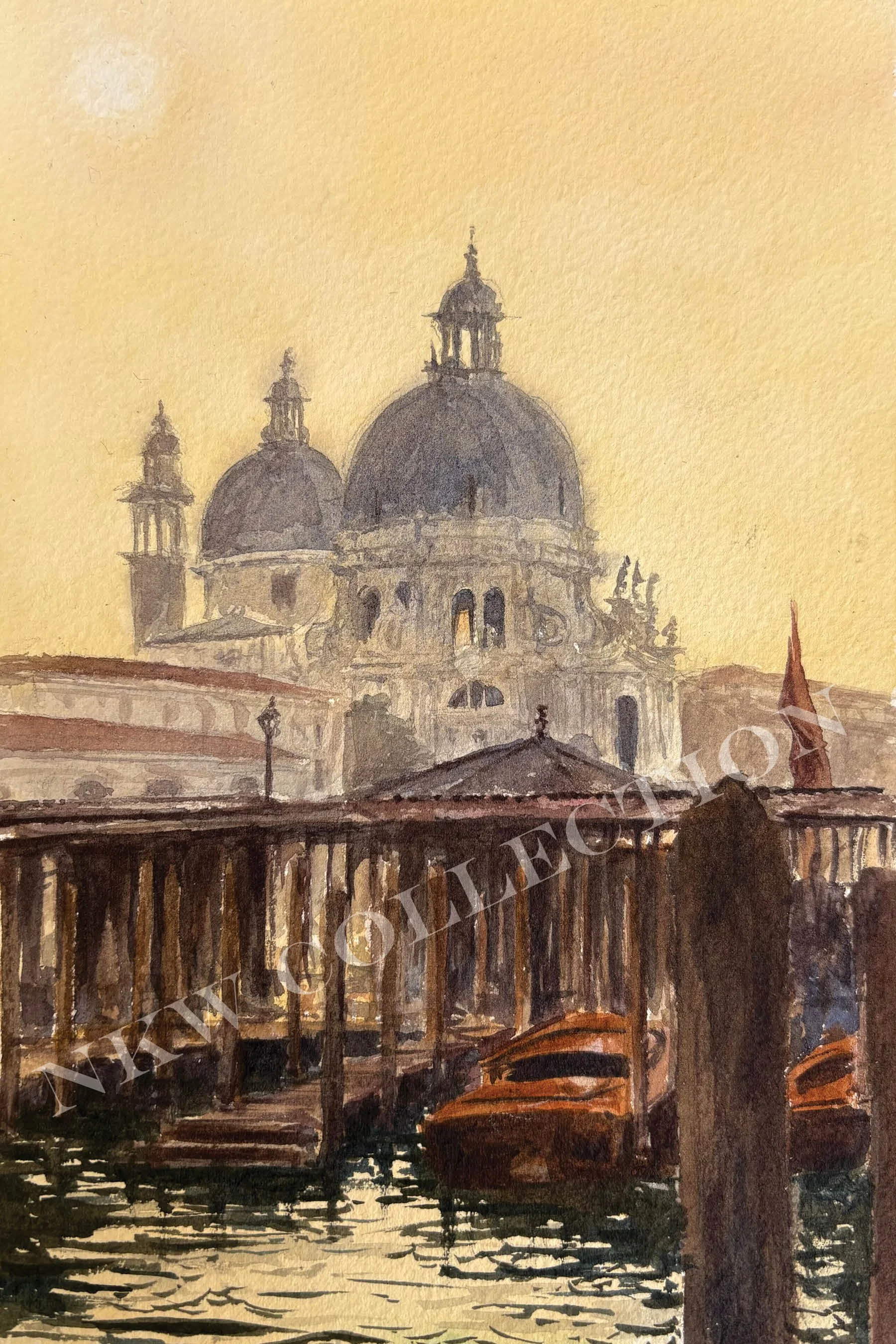 Watercolor painting of a grand domed European building reflected in a canal, viewed from behind a bridge railing.
