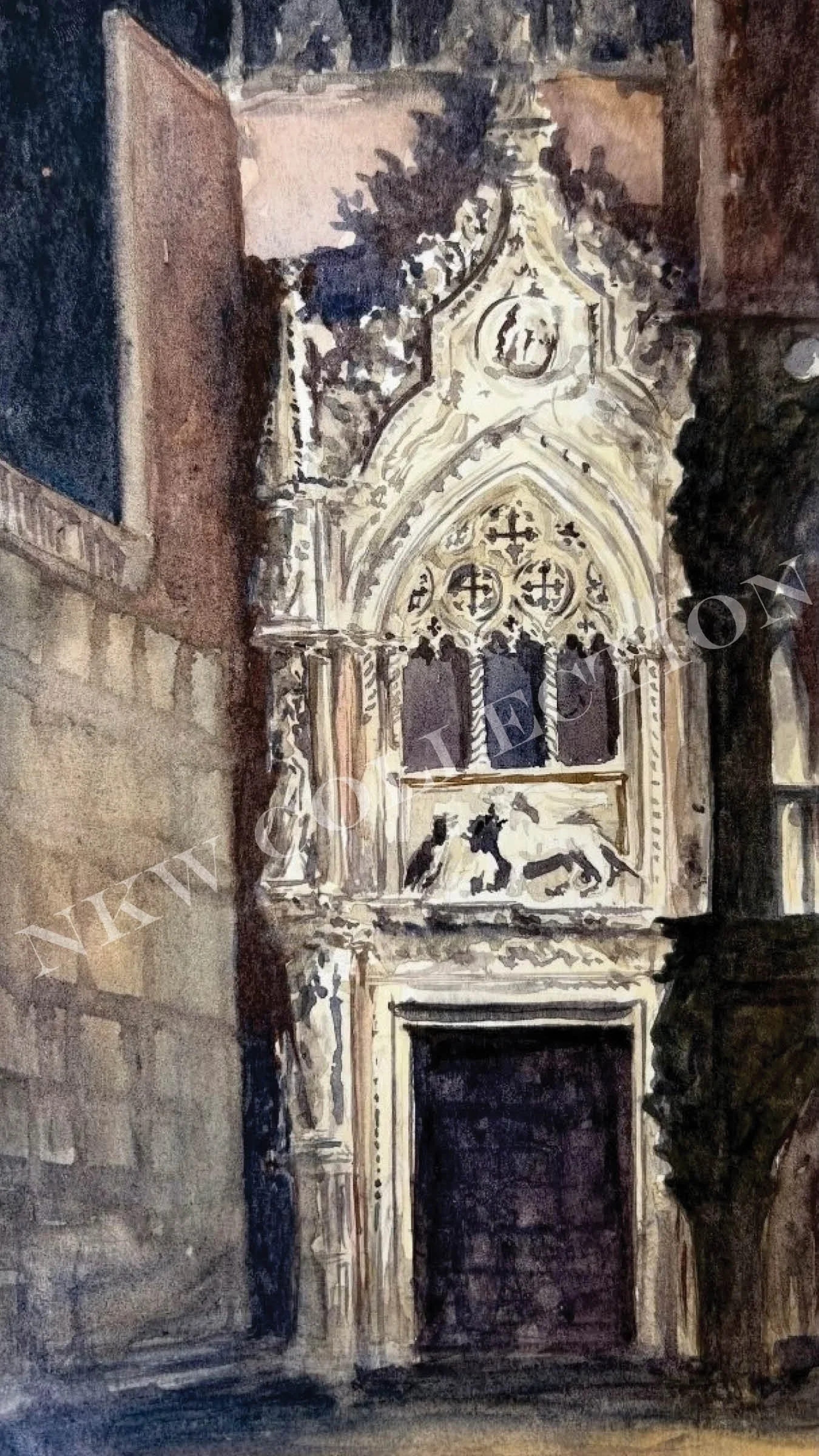 Watercolor painting of an ornate Gothic church doorway with pointed arches, carved stone tracery, and decorative reliefs