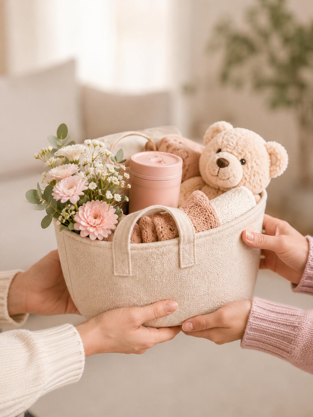 A beige bag held by two people, filled with pink flowers, a pink container, a teddy bear, and pink towels, in a cozy room setting.