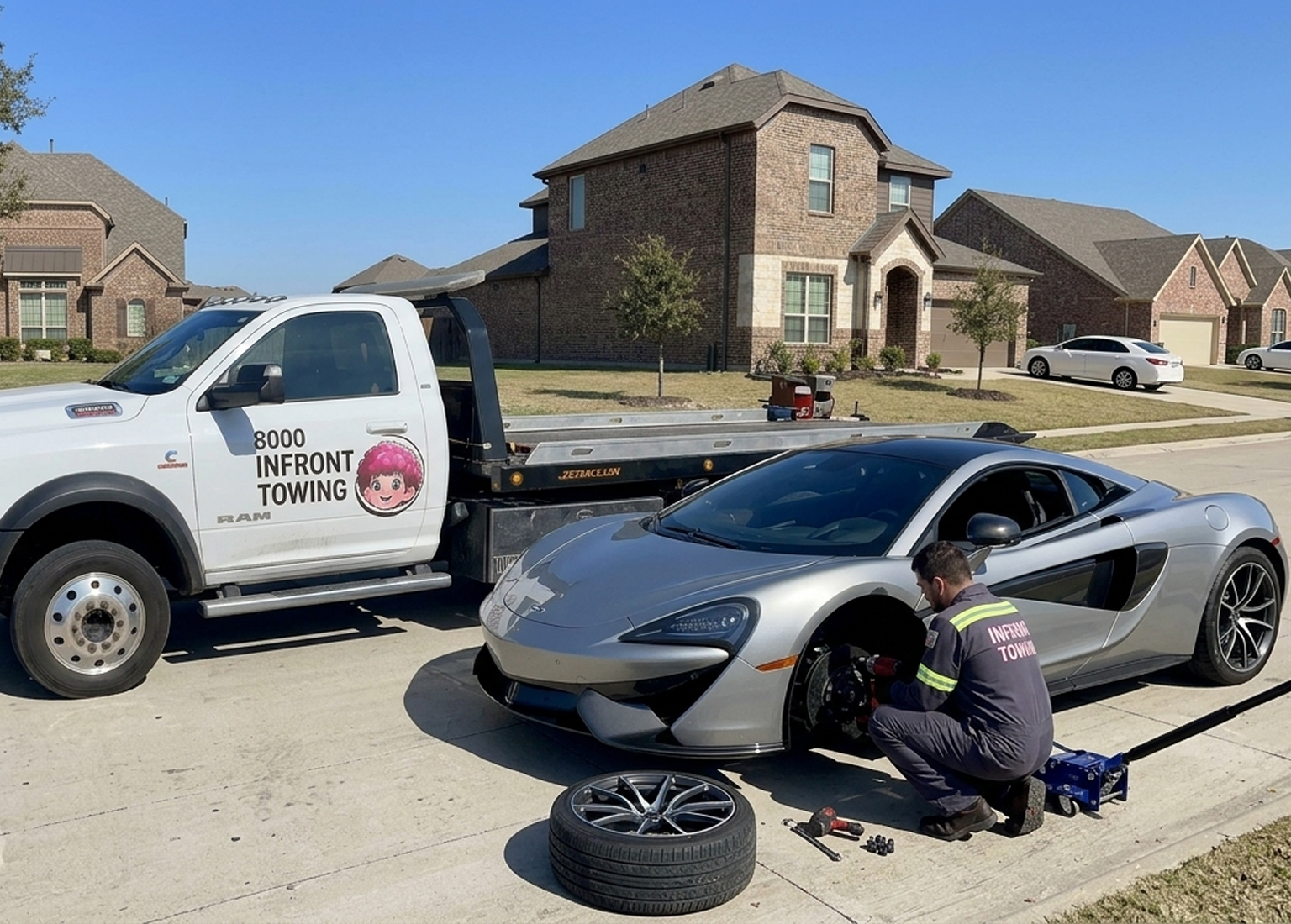A worker from Infront Towing is repairing the front wheel of a silver sports car, with a spare tire, tools, and equipment on the ground. A towing truck with the company logo and contact number is parked nearby on a suburban street.