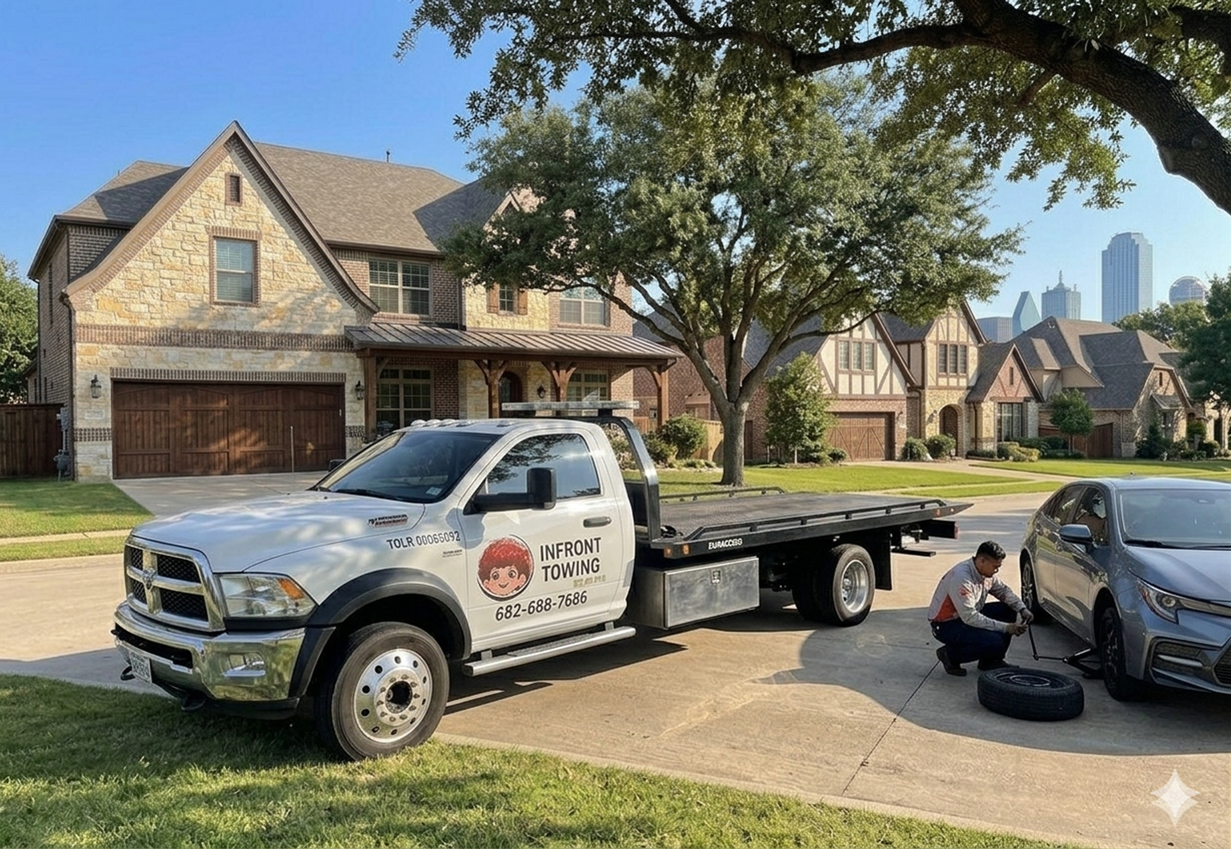 A man changing a tire on a gray car in a driveway. A white tow truck with the company logo and contact information parked nearby. In the background, there are large houses and a city skyline with tall buildings and a clear blue sky.