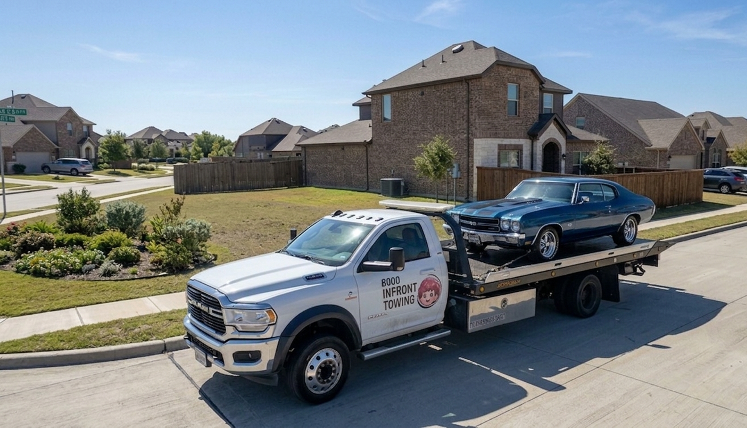 A tow truck transporting a vintage black muscle car in a suburban neighborhood with brick houses, well-kept lawns, and a clear blue sky.