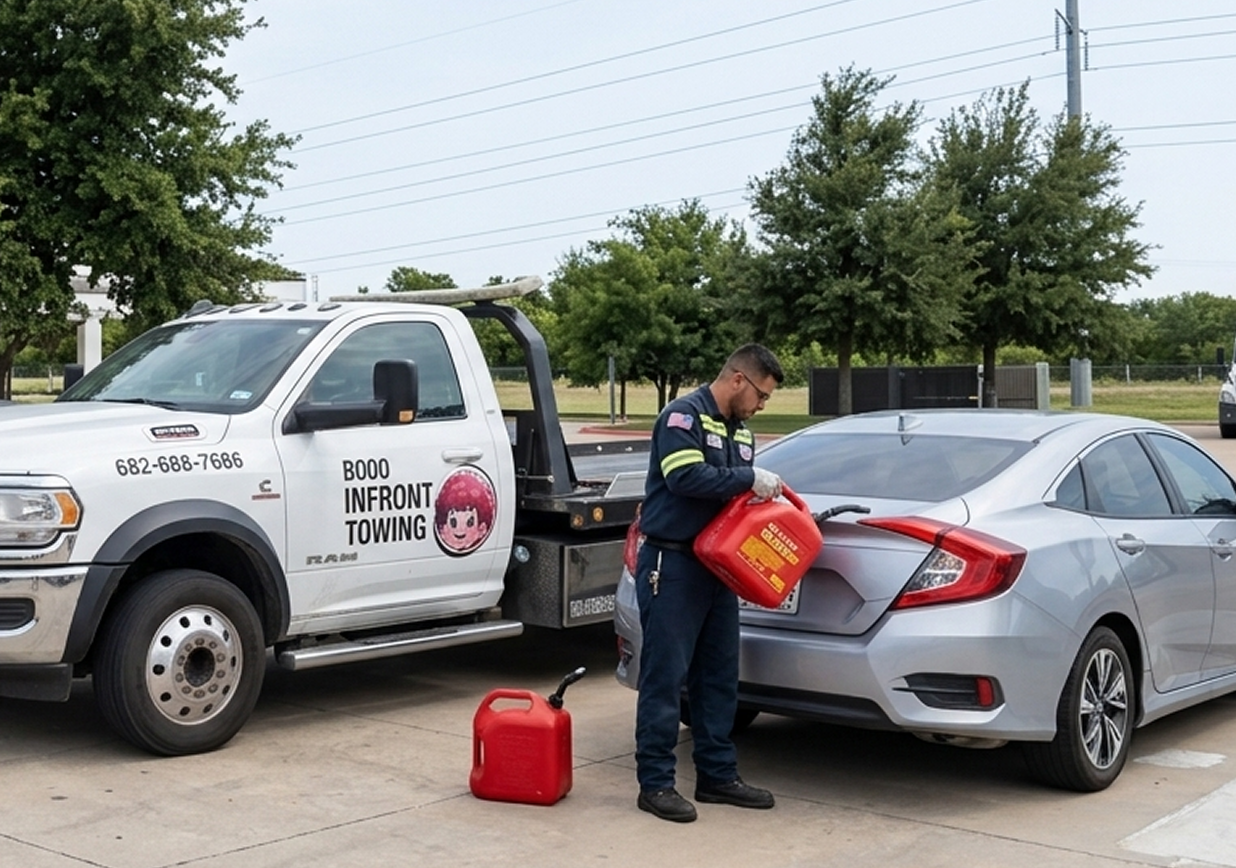 A tow truck is parked beside a silver sedan, with a man in a uniform handling a red gasoline container. The tow truck has contact information and a logo with a cartoon girl's face, and appears to be at a parking lot with trees and power lines in the background.