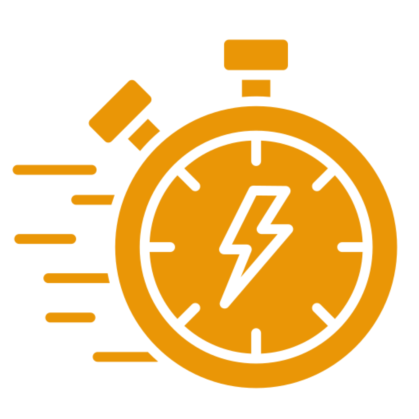 An orange stopwatch with a lightning bolt symbol in the center, indicating speed or quickness.