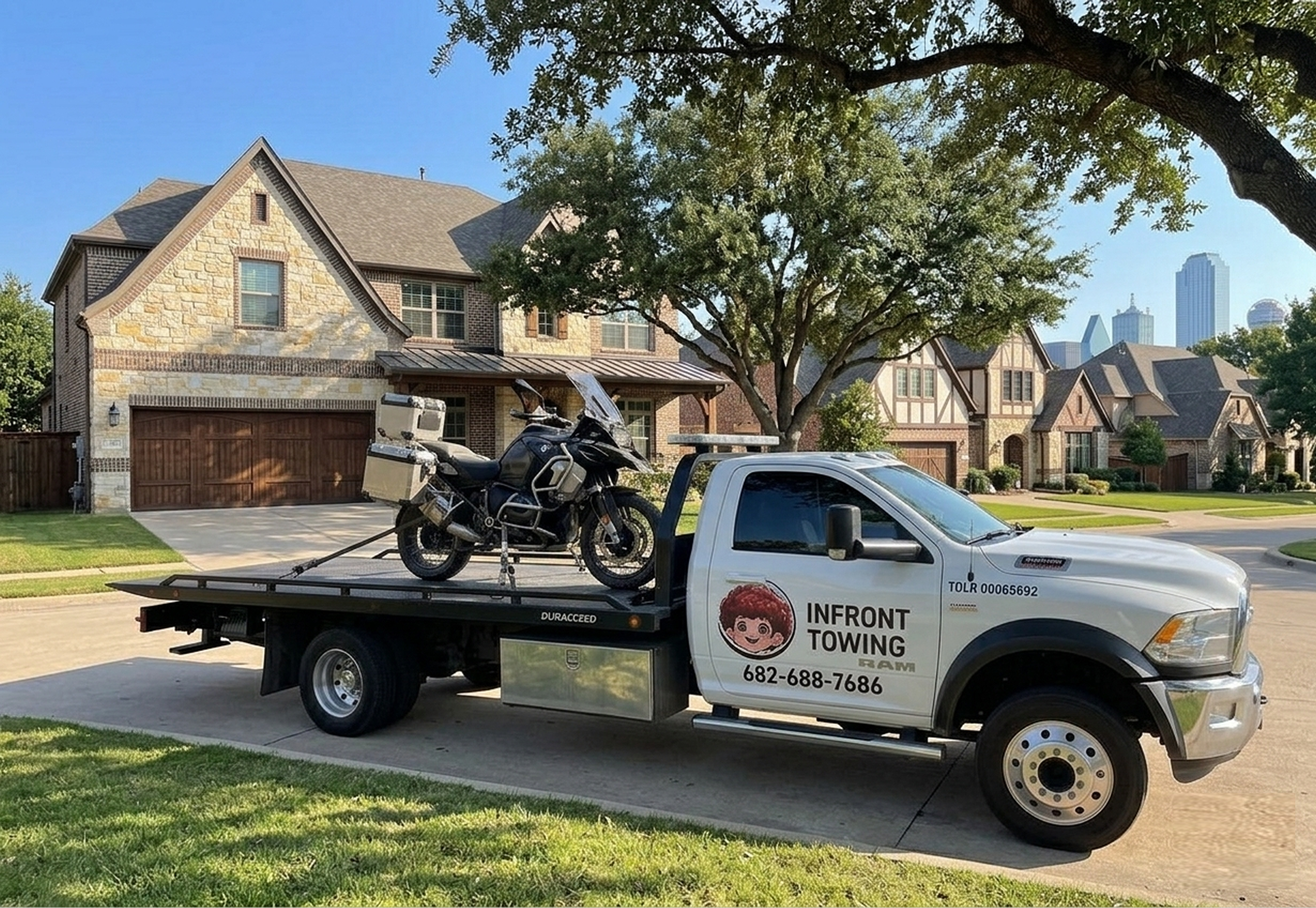 A white tow truck carrying a black motorcycle parked in front of a residential house with a brick and stone facade, gabled roof, and large windows, under a large tree with green leaves and a clear blue sky.