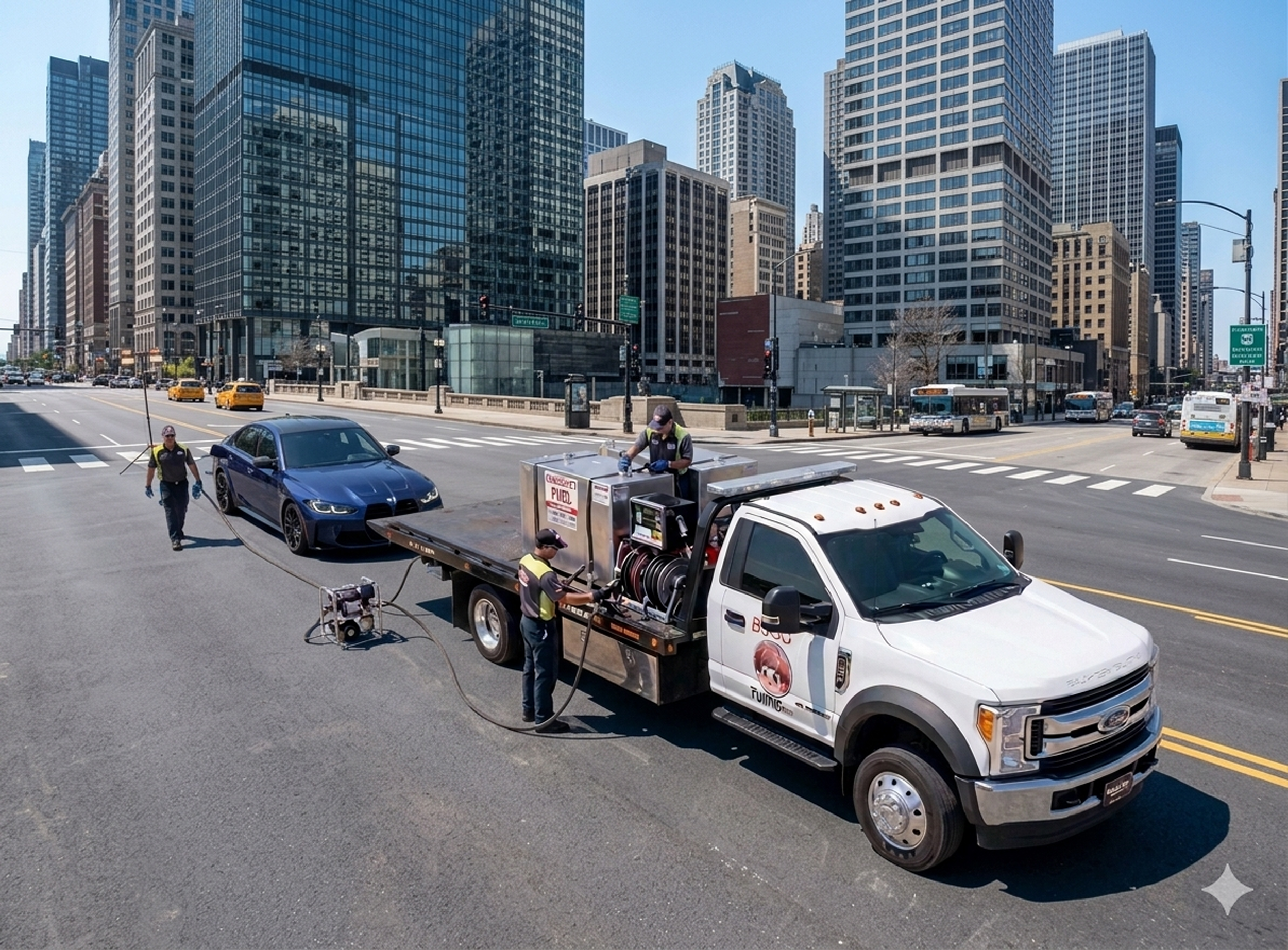 Street scene in a city with tall modern glass and concrete buildings. Two workers are handling a truck with equipment, and a police car is parked nearby. There are other vehicles and buses on the road, with a clear blue sky overhead.