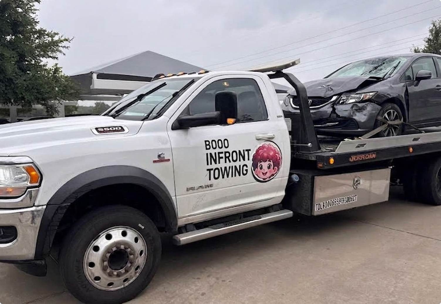 A tow truck is transporting a black car with front-end damage.