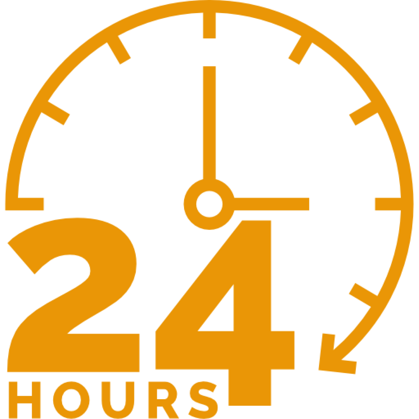A clock showing 3 o'clock, stylized with the numbers 2, 4, and 24 hours on a black background.