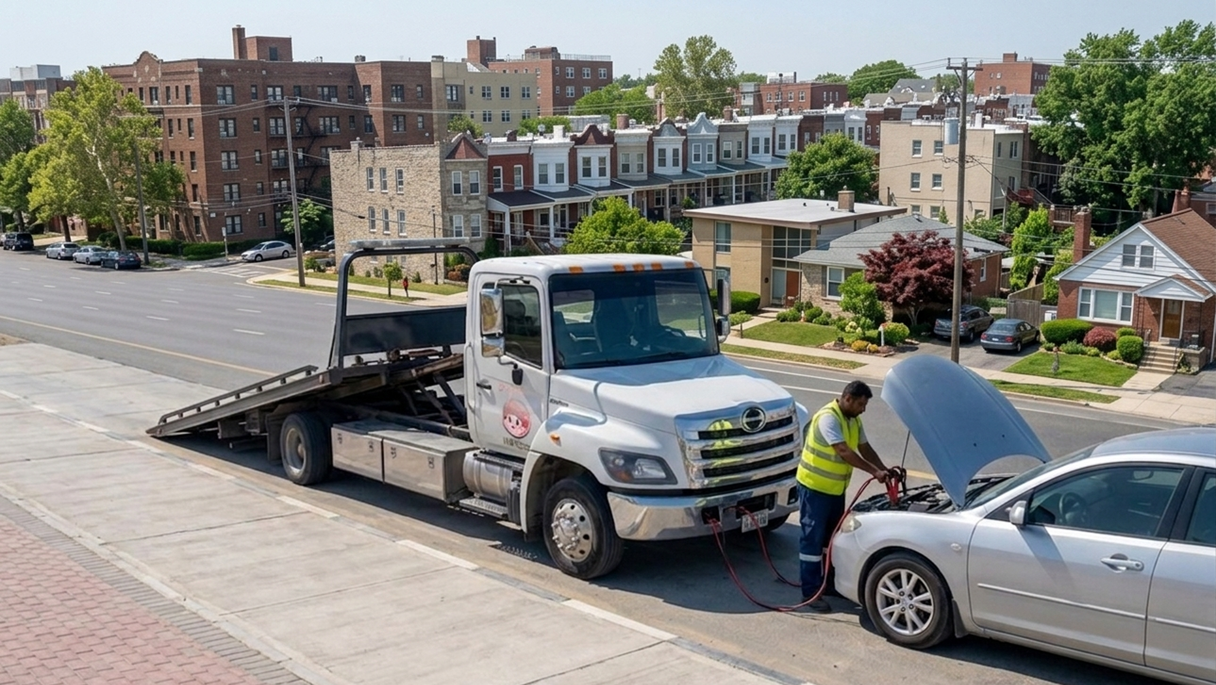 A worker, wearing a yellow vest, is checking the engine of a silver car with its hood open. Behind him, a white flatbed truck is parked on the side of the road. The street is lined with residential buildings and trees, and several parked cars are visible on the opposite side.