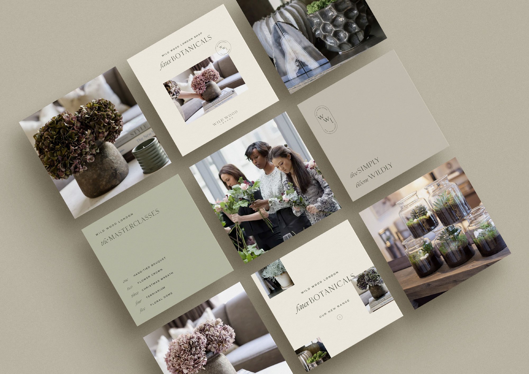 A brochure for Wild Wood Botanicals featuring images of dried hydrangeas in vases, a woman arranging flowers, glass jars with plants, and a display of black and white decorative stones.
