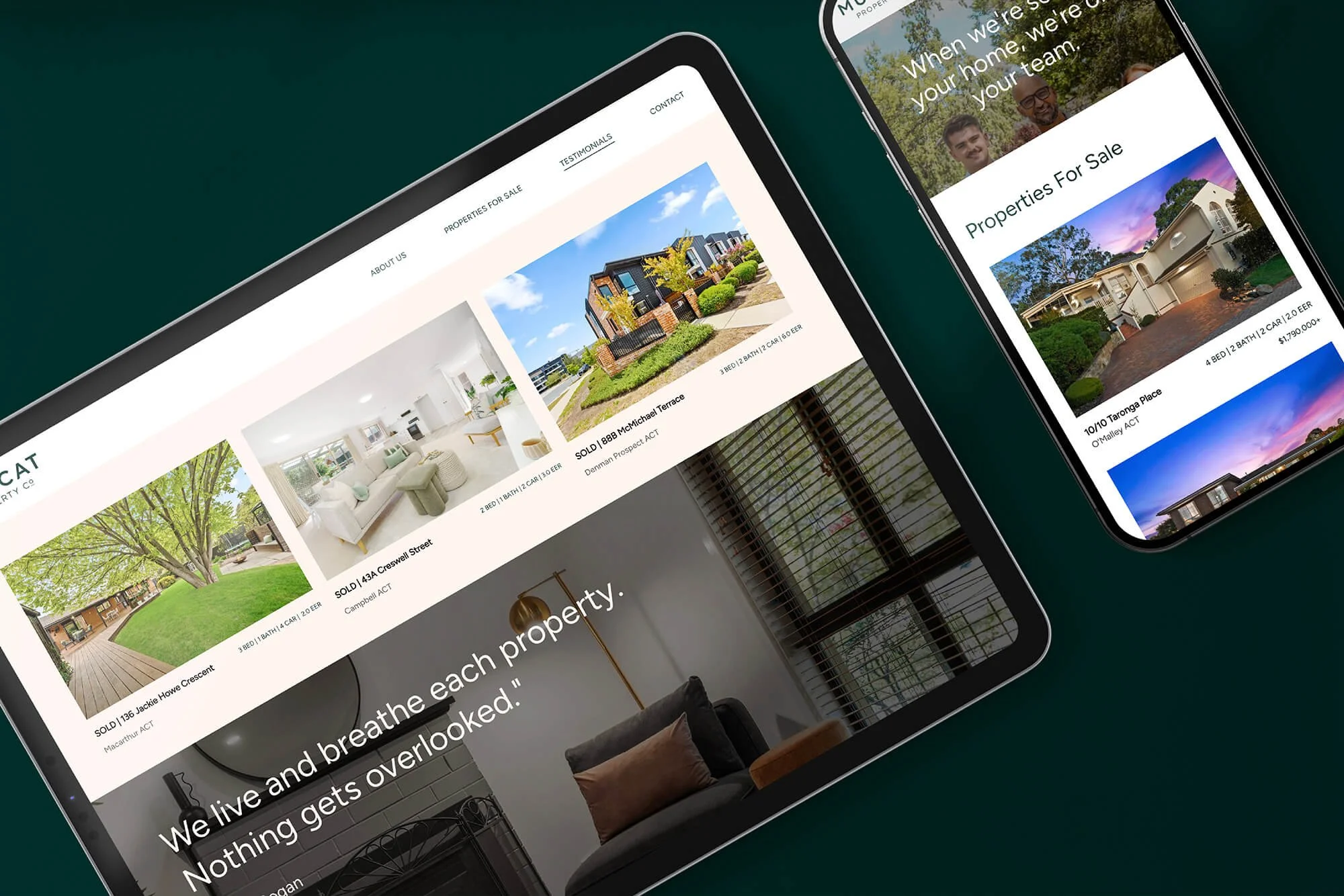 Digital tablets displaying real estate listings with property images, descriptions, and prices, on a dark green background.