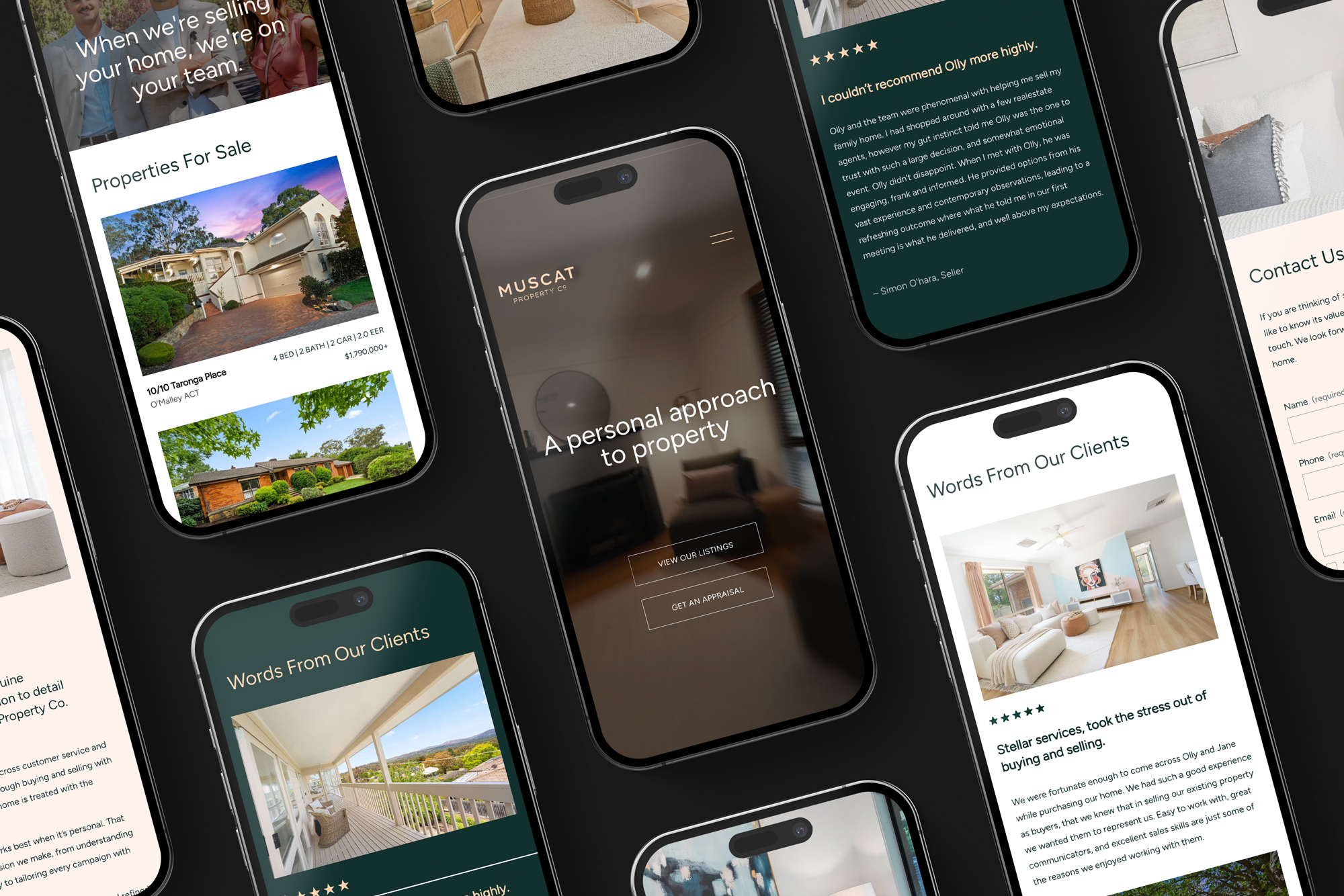 Multiple smartphone screens displaying real estate website pages featuring property listings, client reviews, interior photos, and contact information.