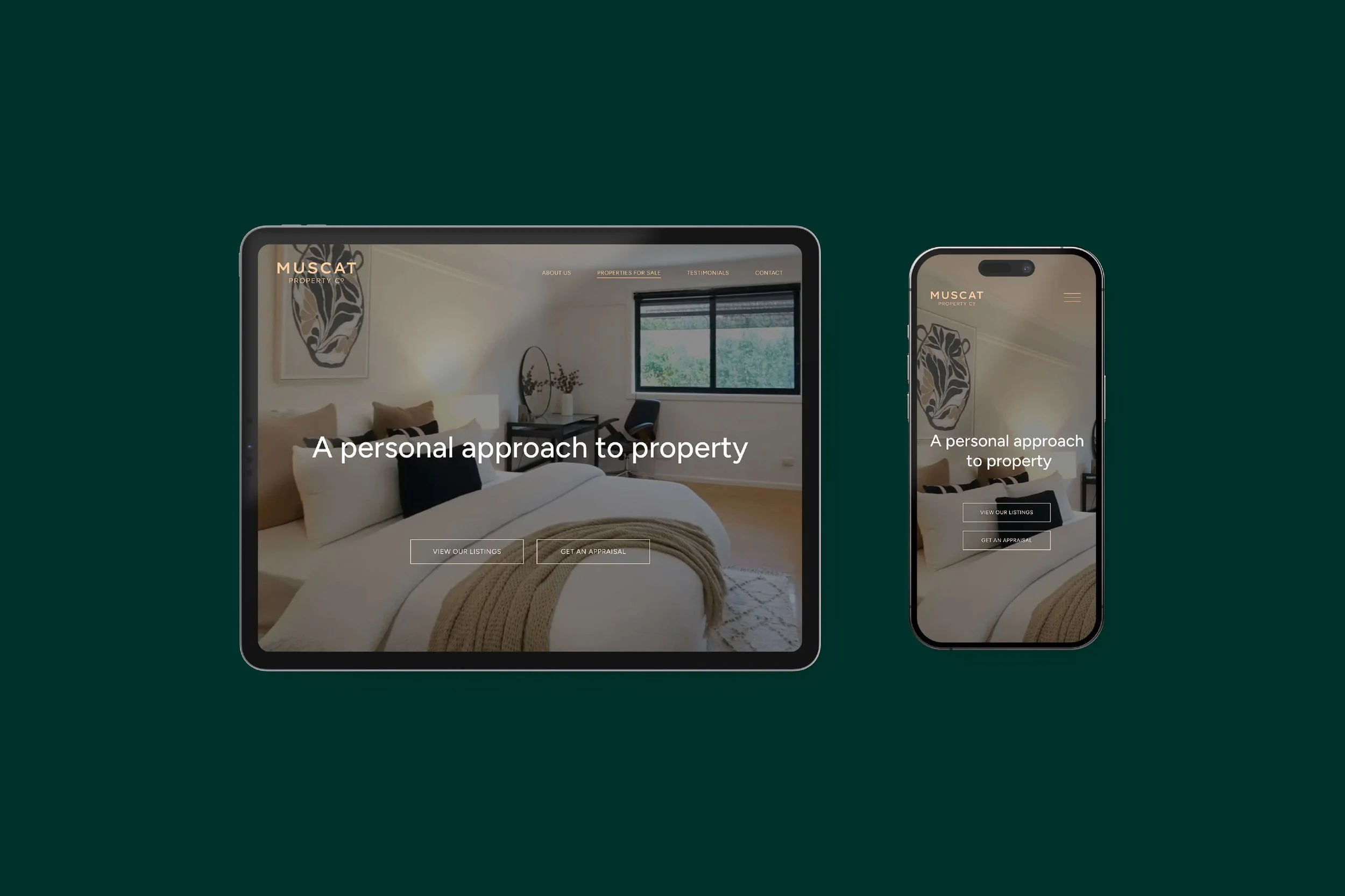 Smartphone and tablet displaying a real estate website with a bedroom interior