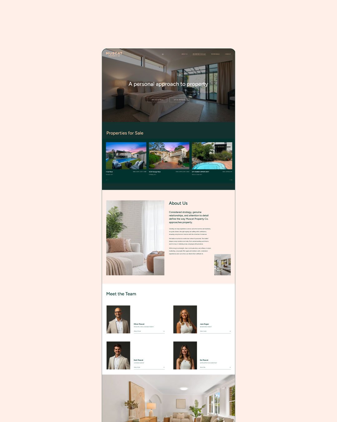 Screenshot of a real estate website with sections for property listings, about us, team members, and interior photos.