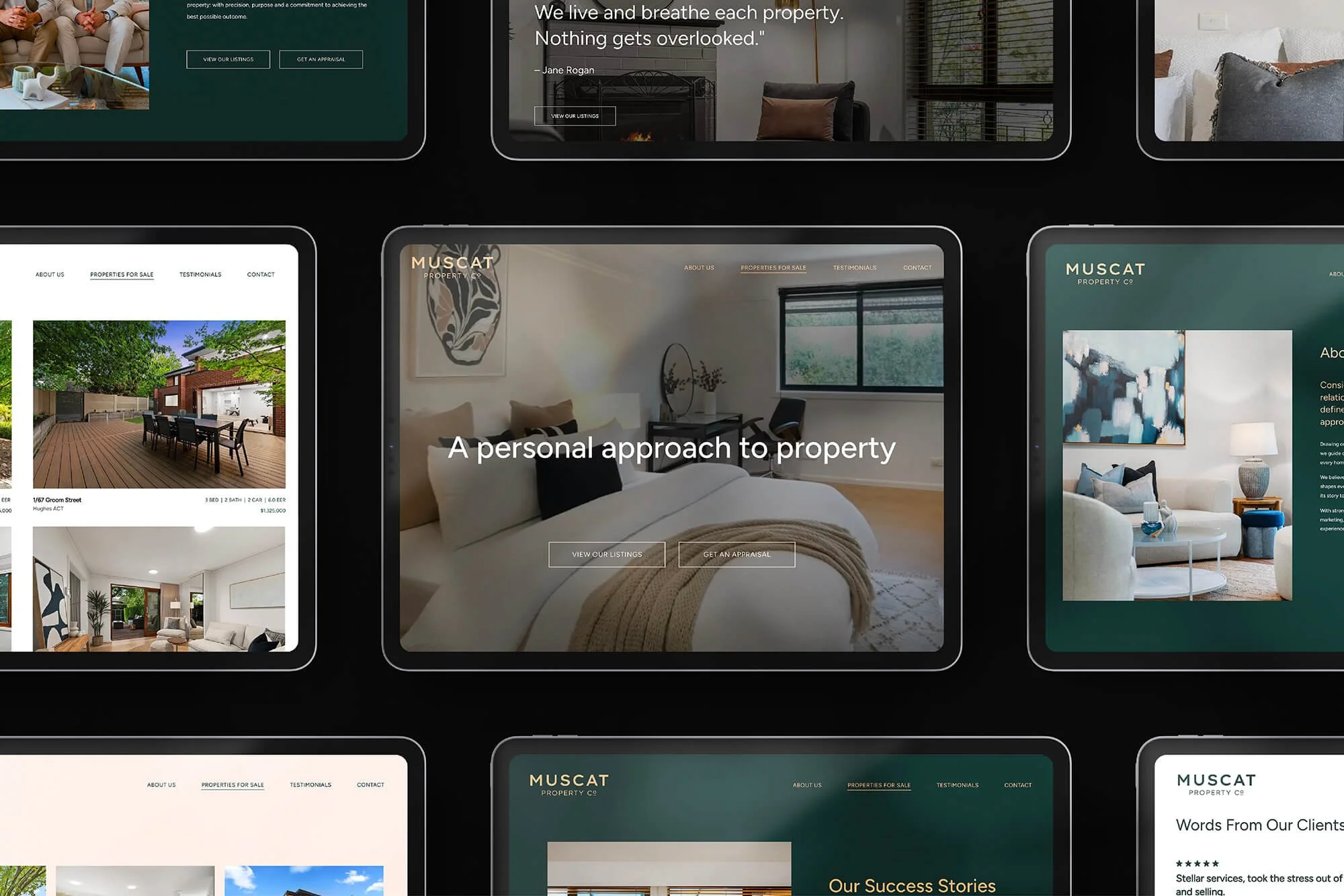 Multiple digital screens displaying real estate websites and property images, featuring interior and exterior views of homes with text overlays about property sales and services.
