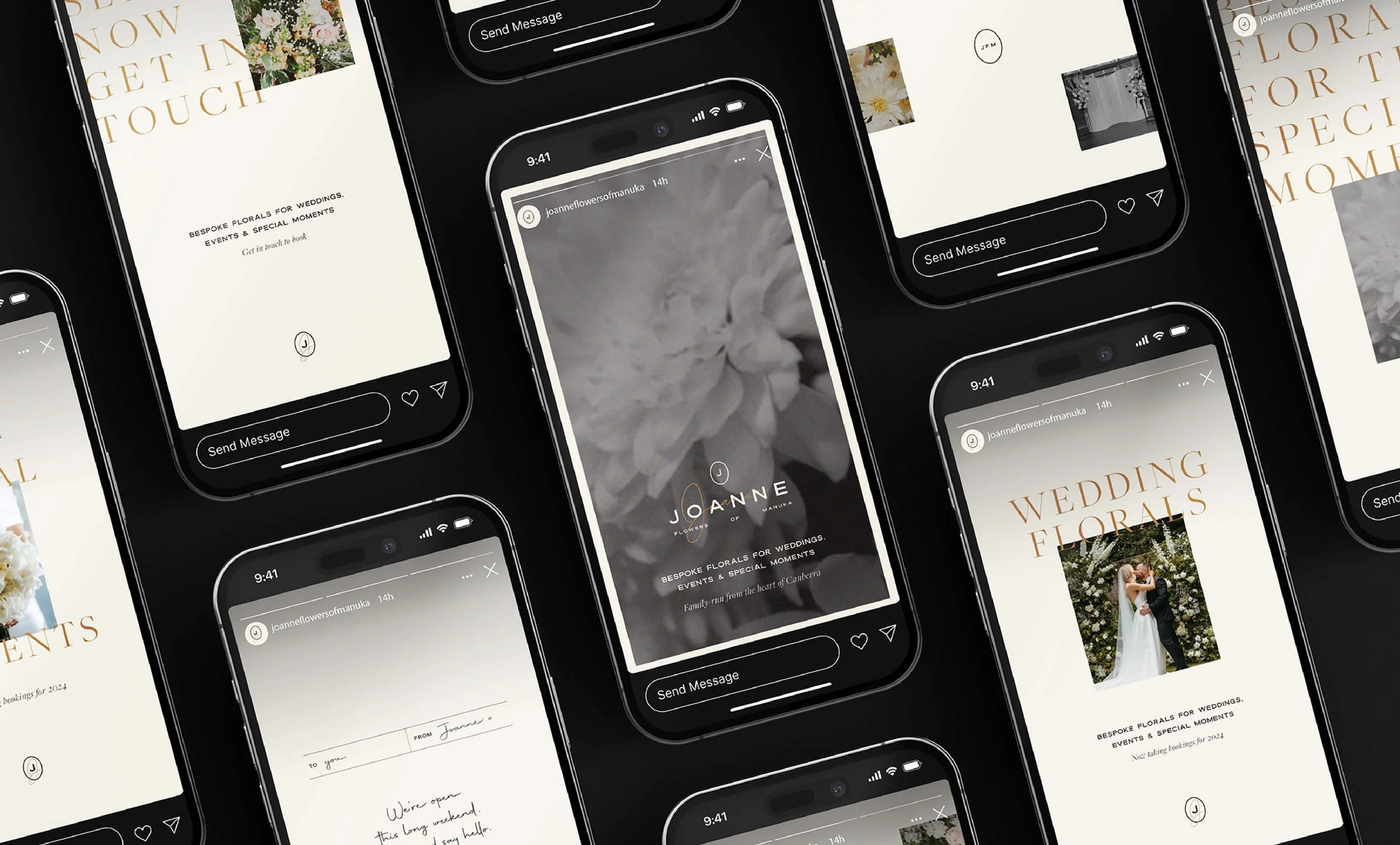 Multiple smartphone screens displaying a floral wedding service and event booking app called 'Joanne Flowers of Manuka.' The screens show images of flowers, wedding photos, and text promoting bespoke floral arrangements.