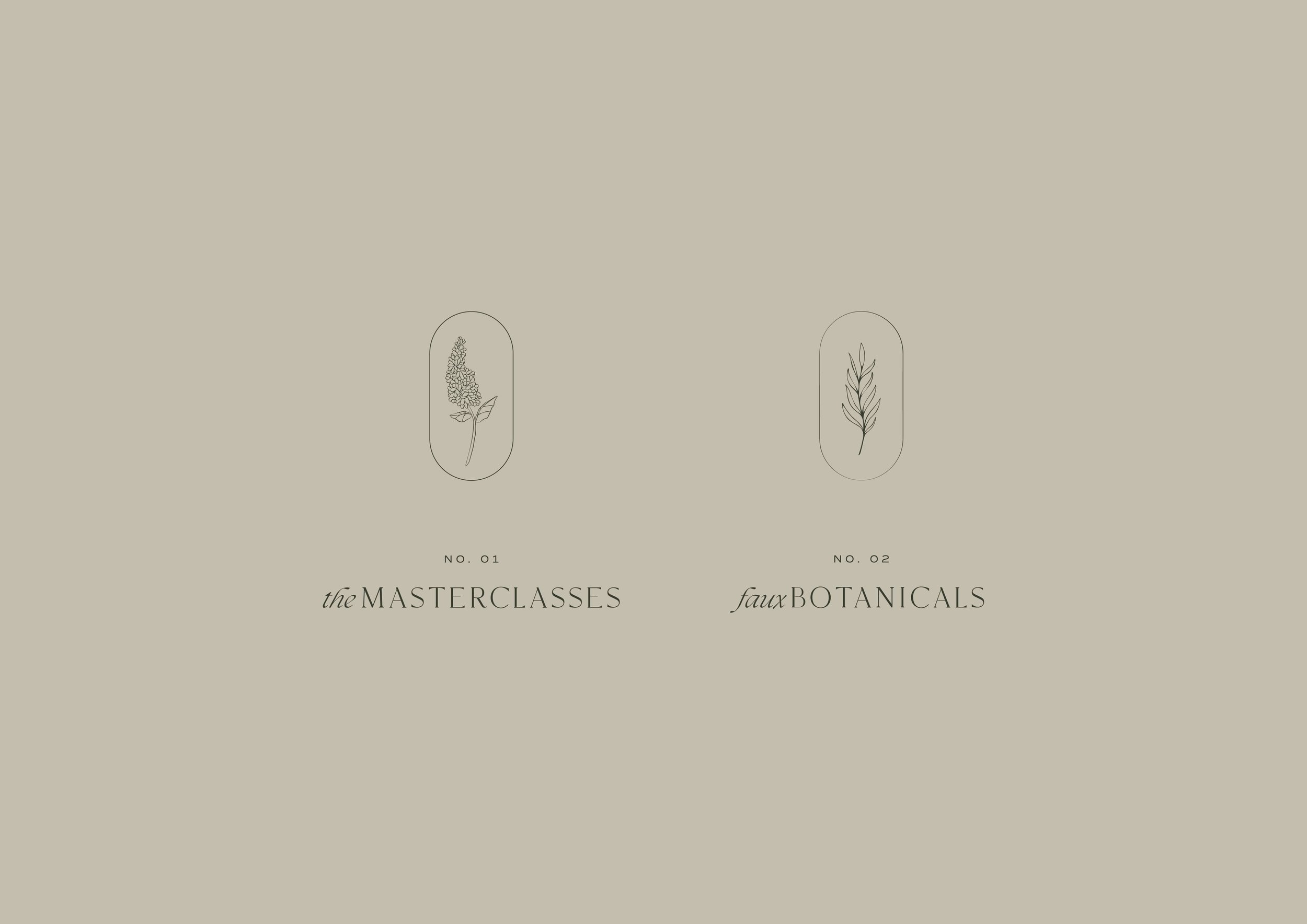 Minimalist graphic with two botanical illustrations; one of a flowering plant labeled 'the MASTERCLASSES' and the other of a leafy branch labeled 'faux BOTANICALS'.