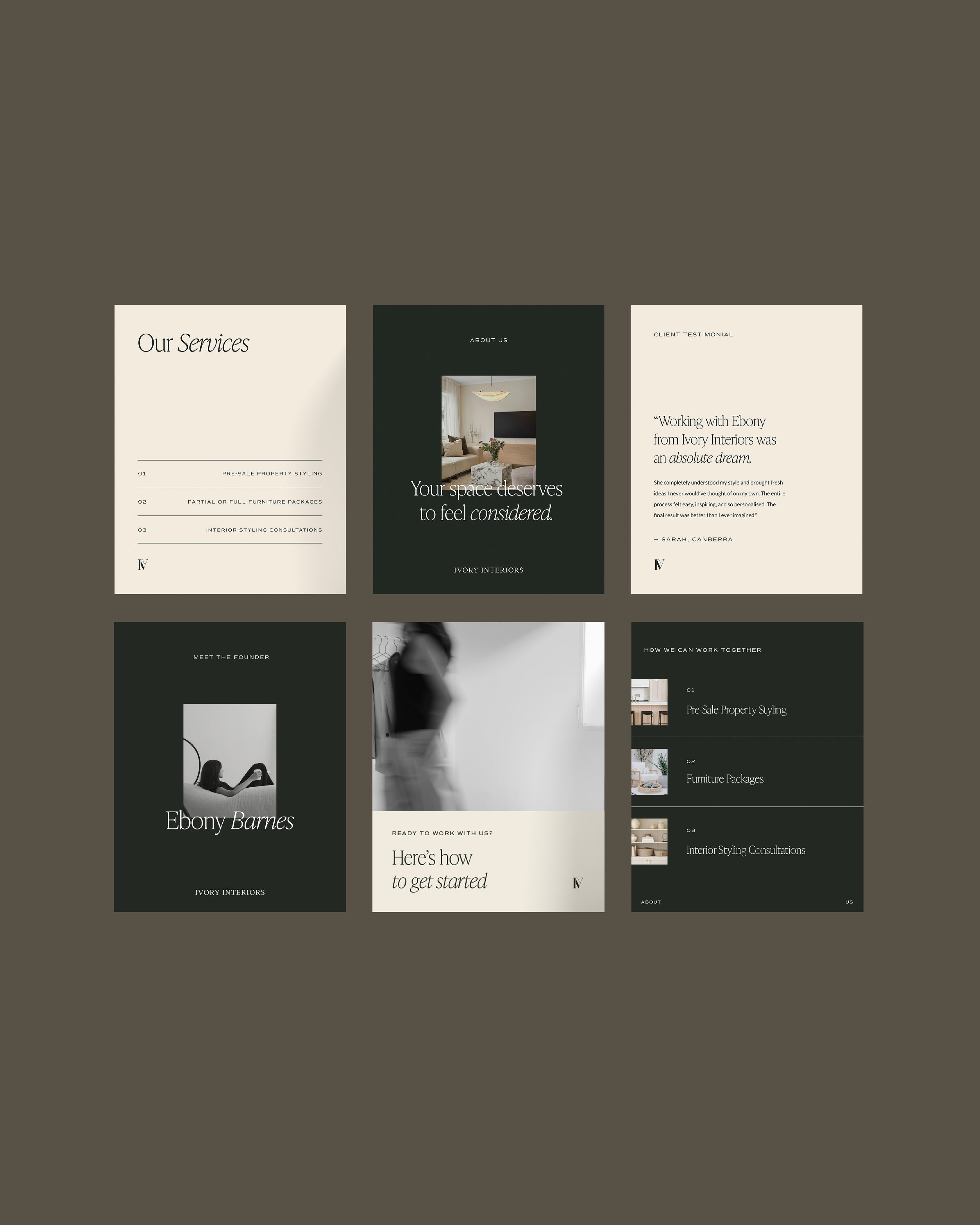 Collection of interior design website pages including service offerings, about us, client testimonial, team introduction, how to get started, and company information. The design features neutral colors, modern typography, and minimalistic layouts.