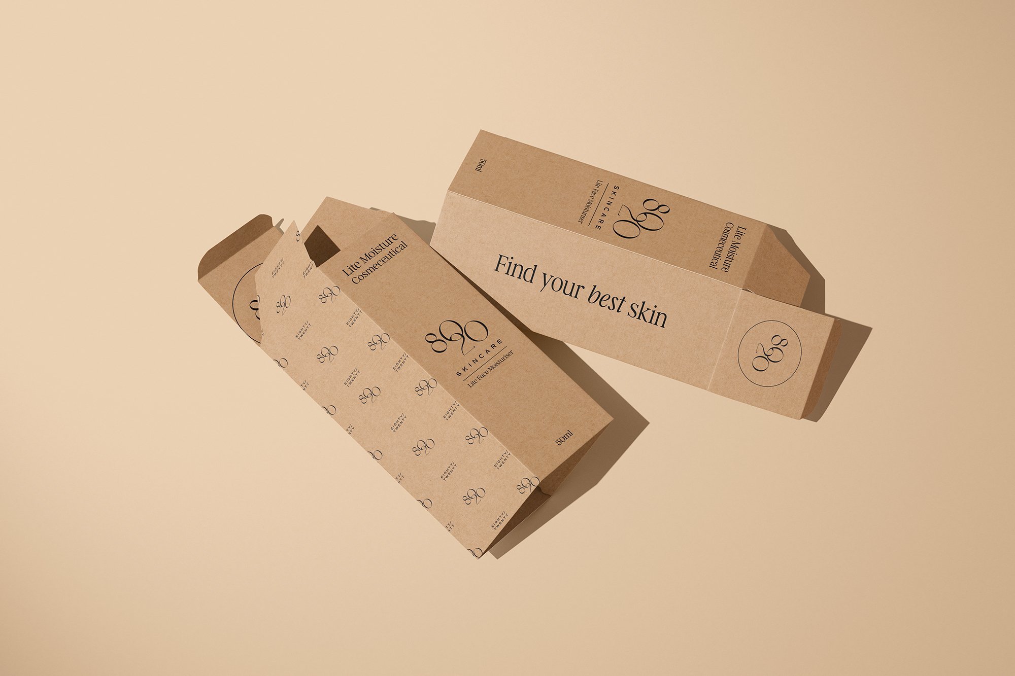 Brown cardboard packaging for 890 Skincare Lite Moisture Cosmeceutical, featuring text 'Find your best skin.'