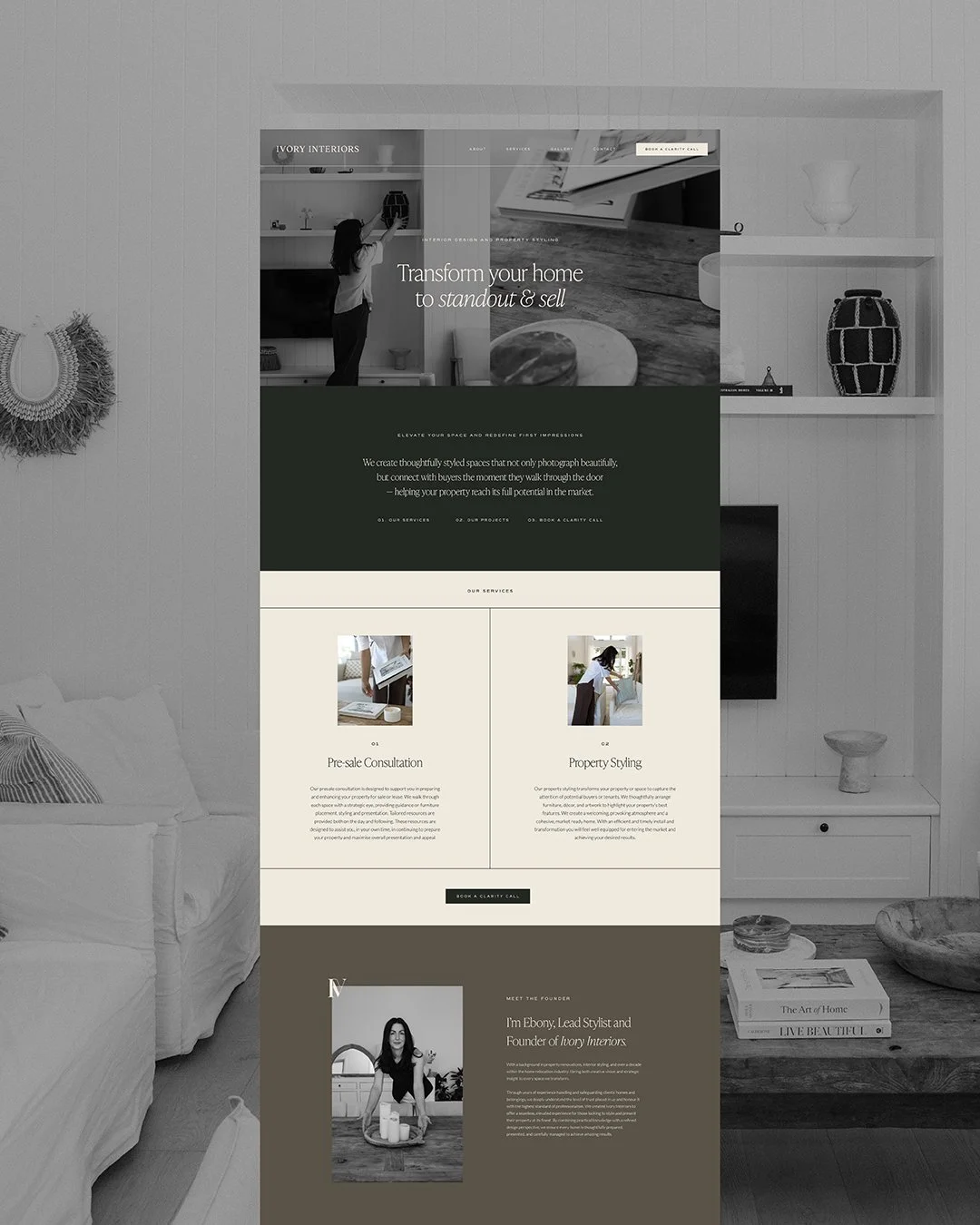 Web page for Ivory Interiors, an interior design and property styling service, with sections about services, project gallery, and founder Ebony, along with navigation menu, images of interior spaces, and text describing their offerings.