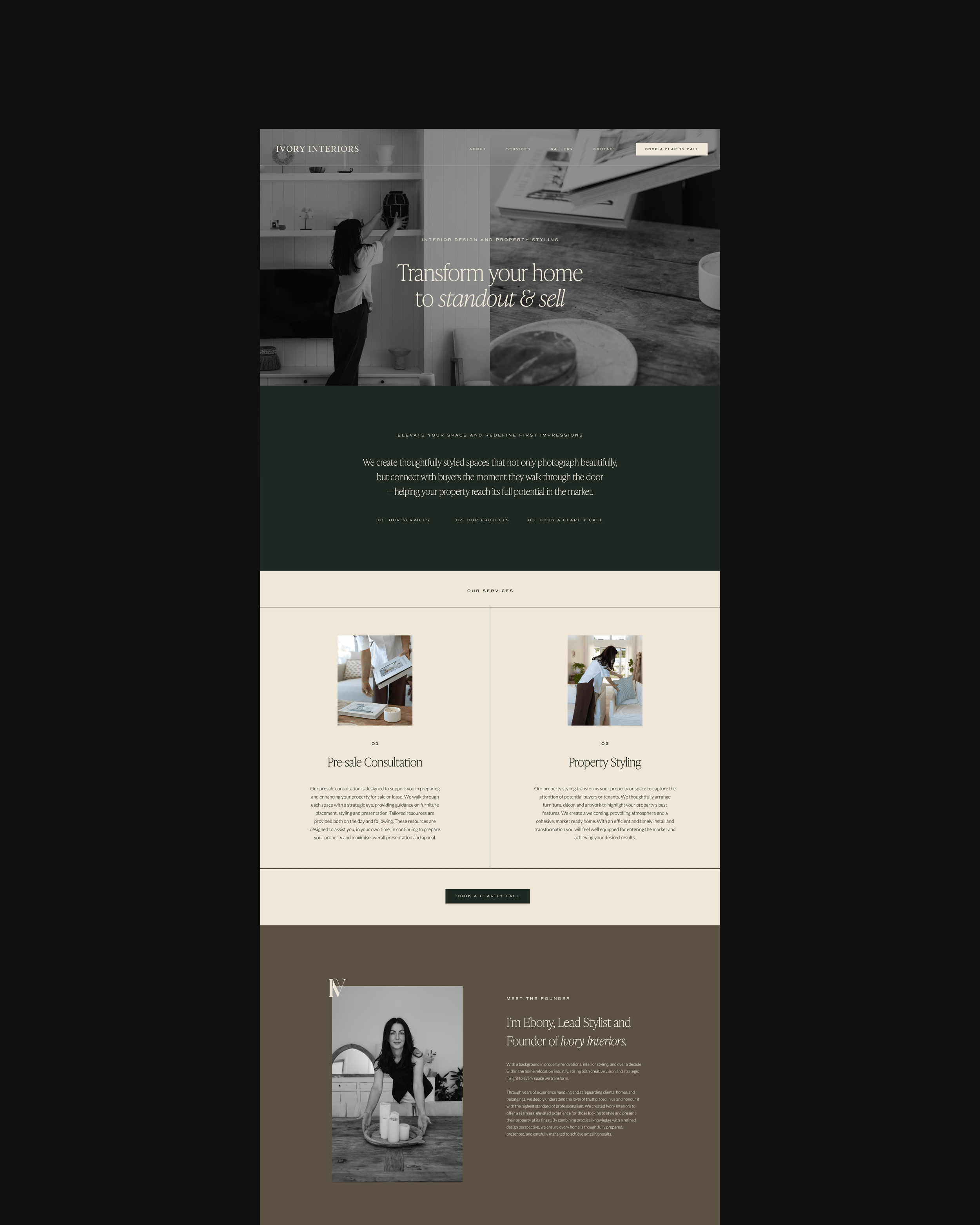 Screenshot of Ivory Interiors website homepage, with navigation menu, branding, and information about interior design services and the founder Ebony.