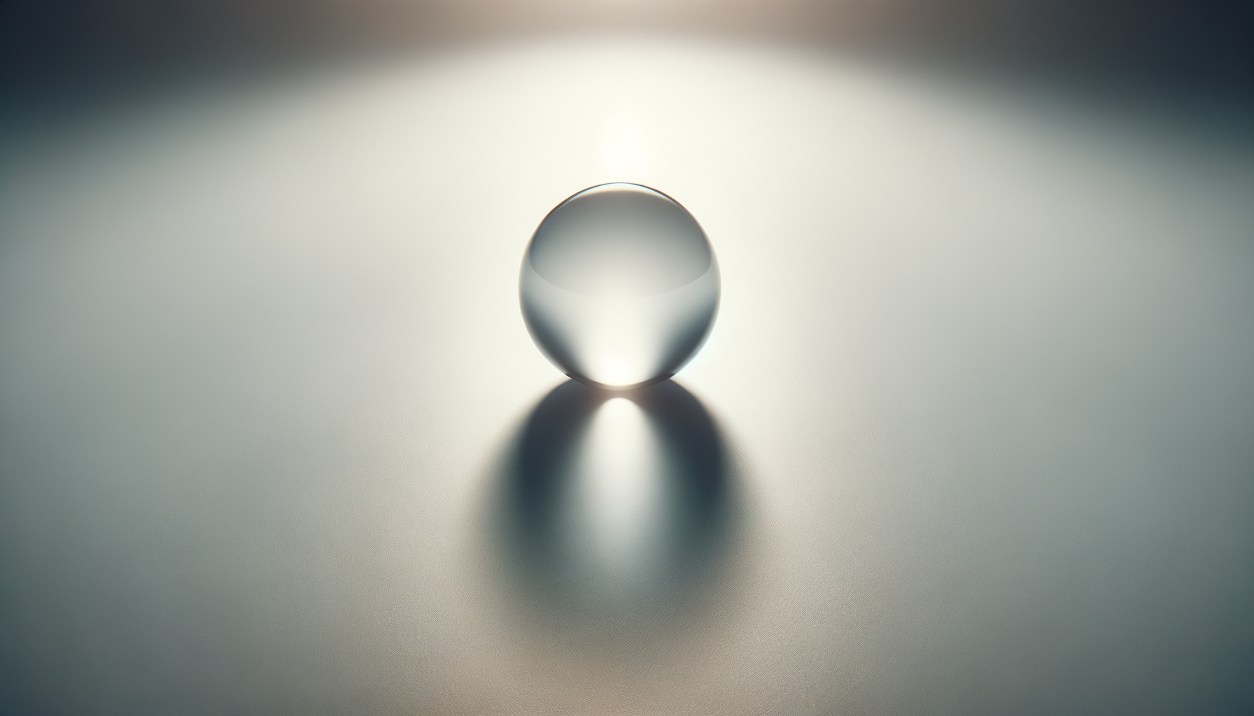 A clear glass sphere placed on a smooth surface with a gradient background, casting a reflection underneath.