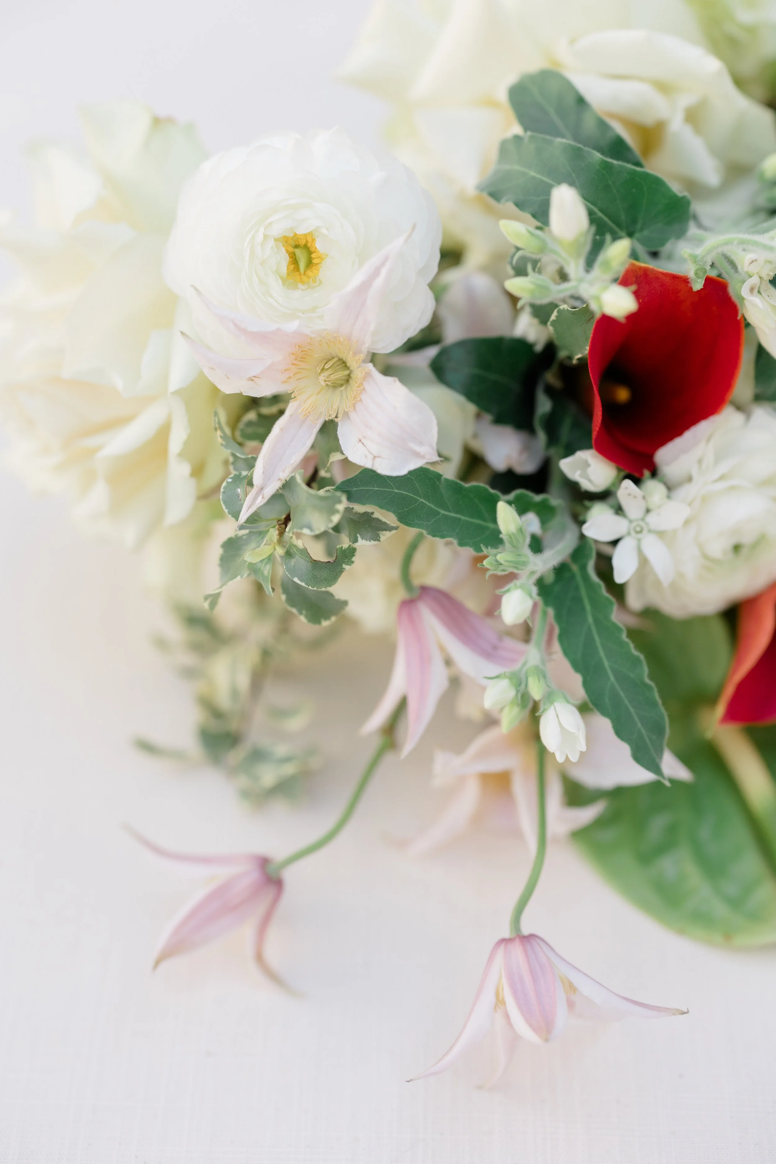 A close up of a bridal bouquet of white and pink flowers with green foliage and a red flower, arranged on a white background.
