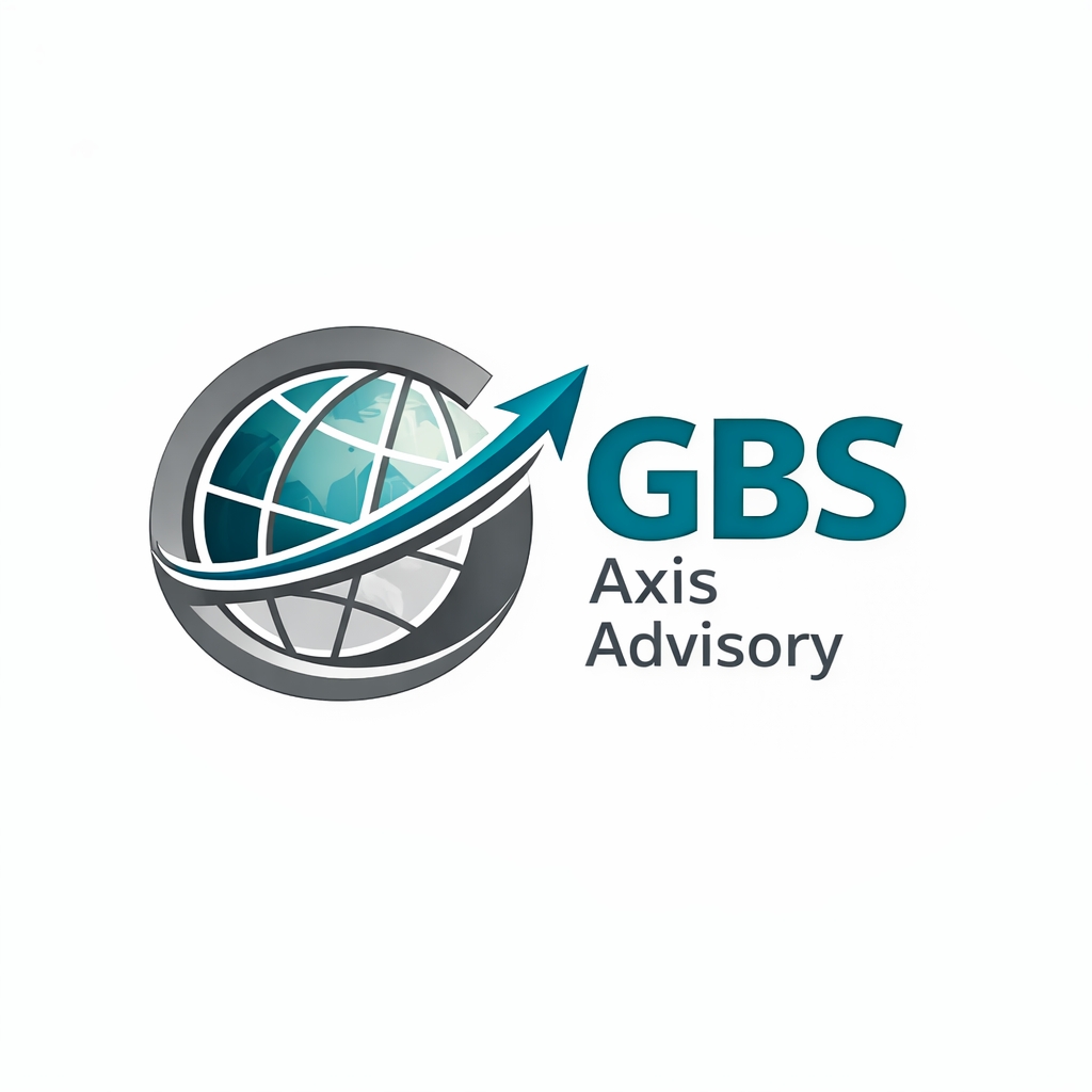 Logo of GBS Axis Advisory featuring a globe with an upward arrow and the company name.