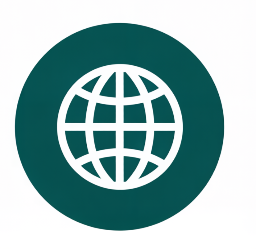 Icon of a globe inside a circle, representing global or international connectivity.