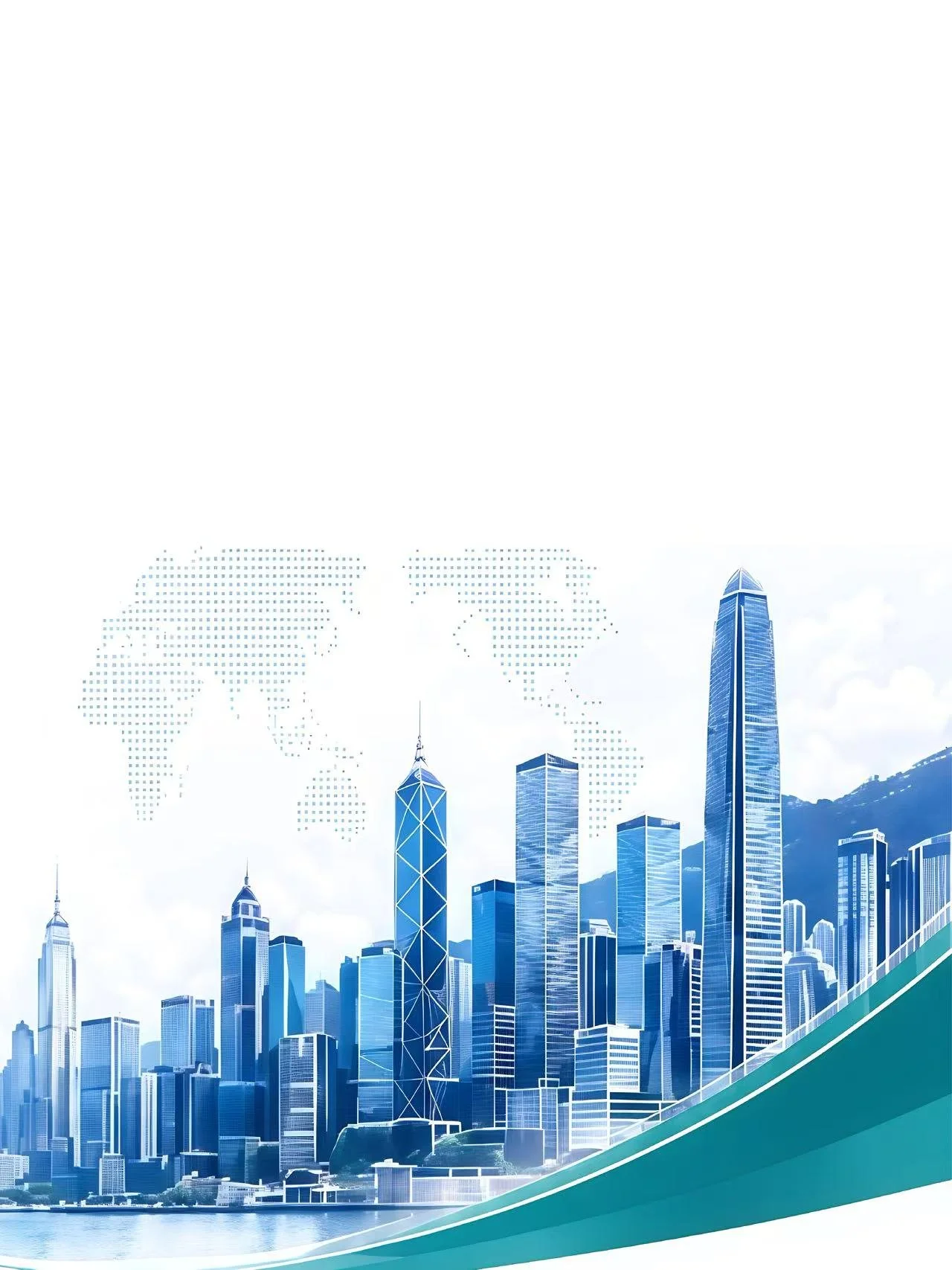 Futuristic digital city skyline with tall skyscrapers, overlaid with a world map made of dotted lines, on a white background.
