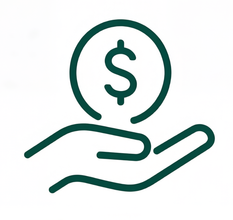Outline drawing of a hand holding a coin with a dollar sign