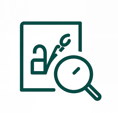 An icon of a document with a wrench and a padlock, accompanied by a magnifying glass, symbolizing security or maintenance.