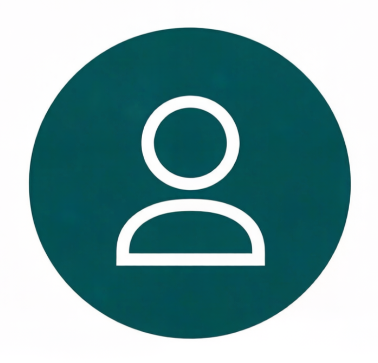Profile icon of a person, white outline on a dark teal circular background.