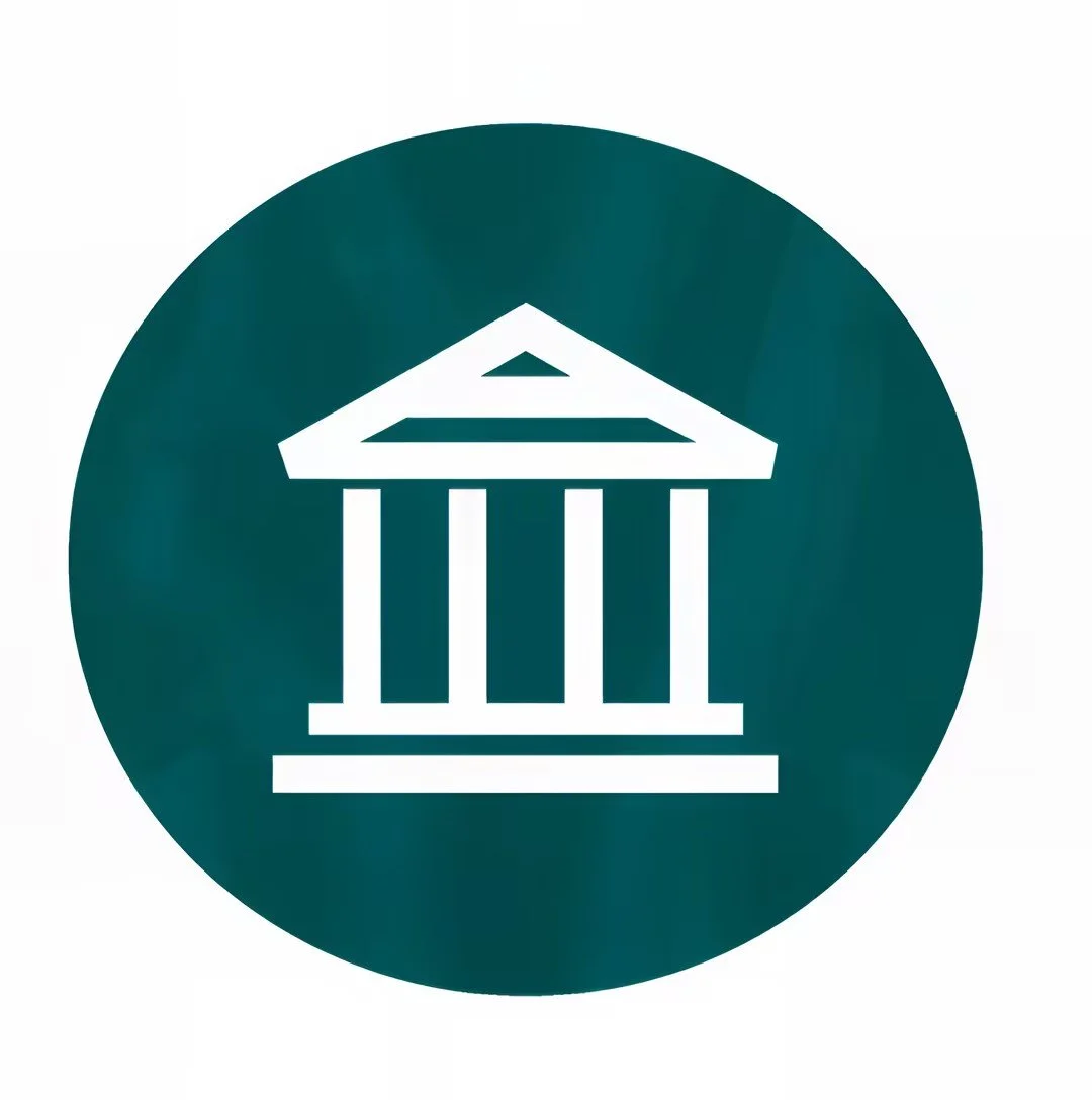 Icon of a white classical building with columns on a dark green circular background.