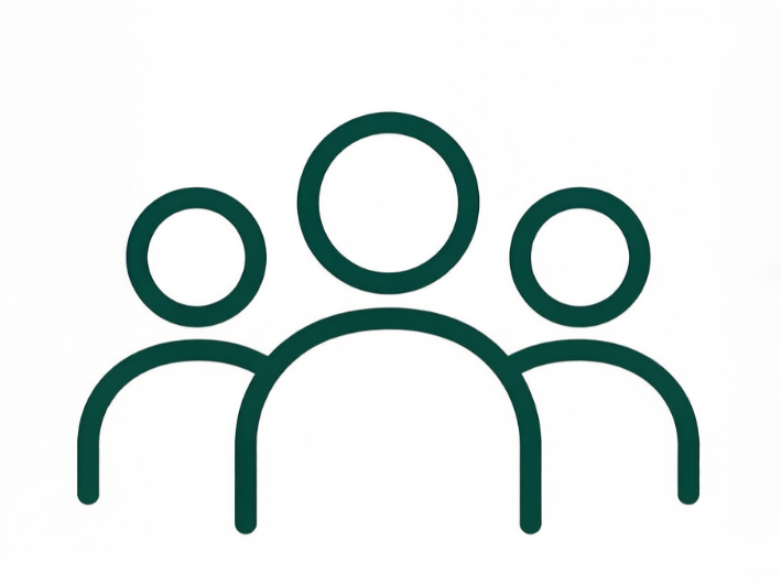 Outline of three people, with the middle one larger, representing a group or team.