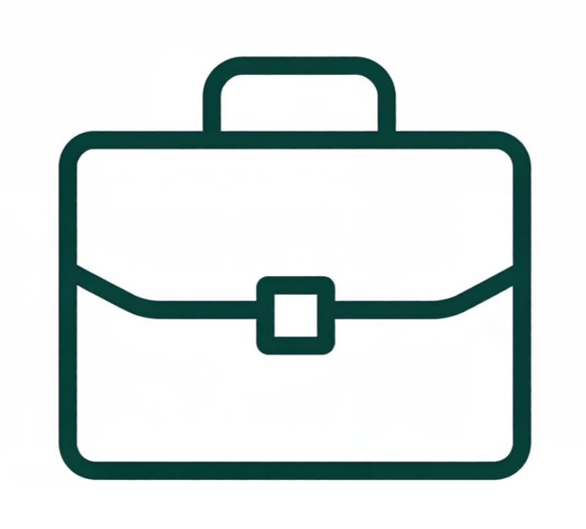 Line drawing of a briefcase or bag with a handle on top and a clasp in the center.
