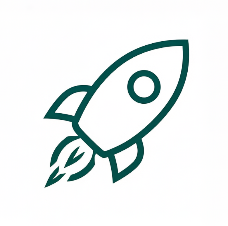 Line drawing of a rocket ship with flames at the bottom.