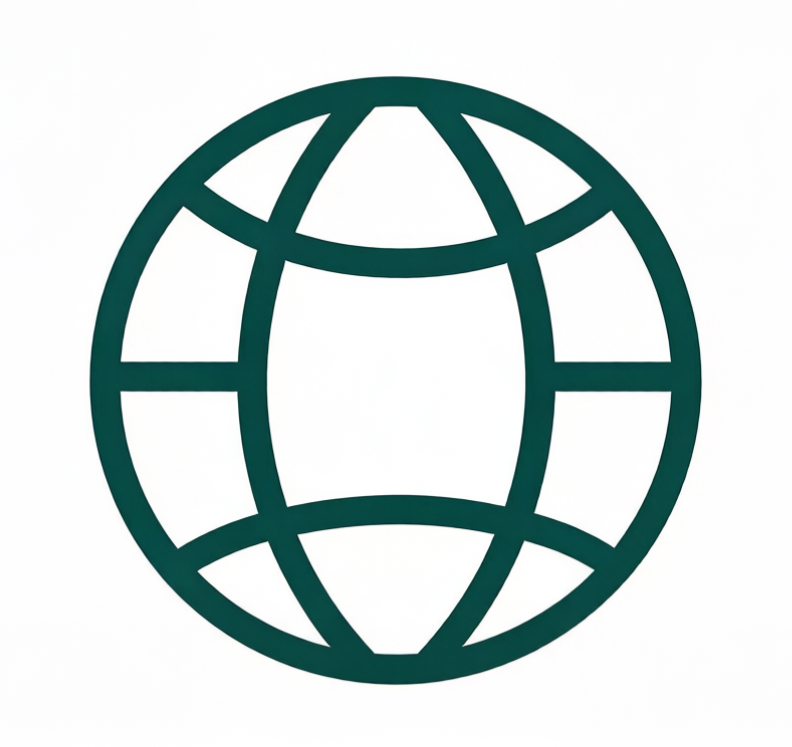 Stylized globe icon with latitude and longitude lines.