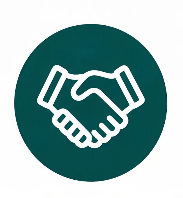 Icon of a handshake inside a dark green circle.