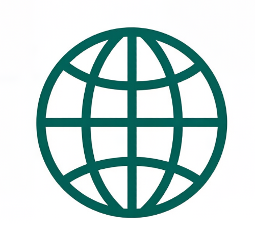 A teal globe icon representing global connectivity or international scope.