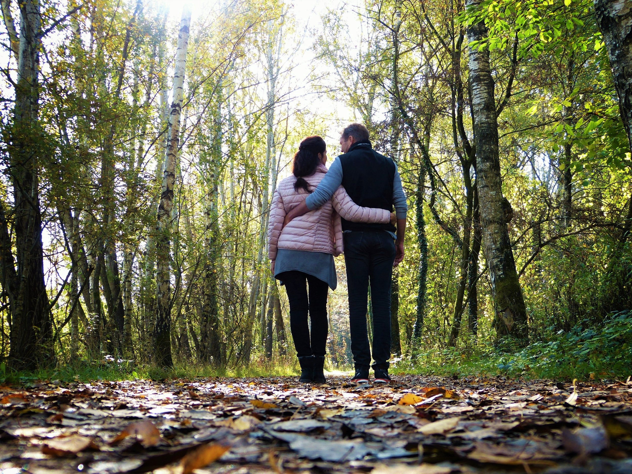 Deux personnes marche dans une forêt aux arbres aux feuilles vertes et jaunes, avec un sol recouvert de feuilles mortes.