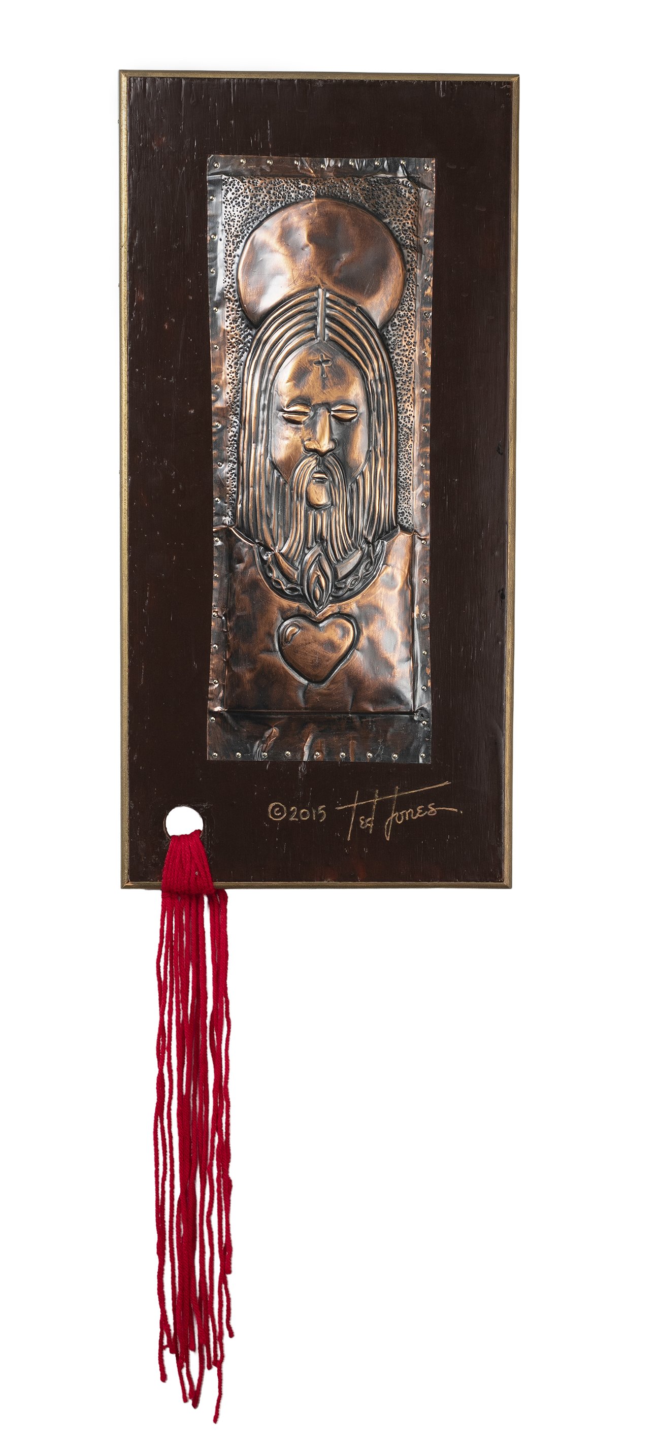 The Sacred Heart of Jesus, 2015; copper repoussé, wood and yarn assemblage, 21-1/2 x 10-1/2 inches (board only), yarn extends 14 inches below board, signed and dated, titled verso.