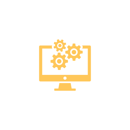 Computer monitor with three gear icons inside, representing system settings or technical processes.