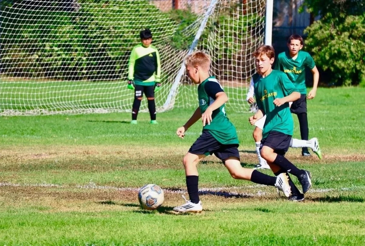 Three boys in green soccer jerseys playing soccer on a grass field, with a goal net and trees in the background. One boy is about to kick the ball, while the others run nearby. A goalkeeper stands in front of the goal.