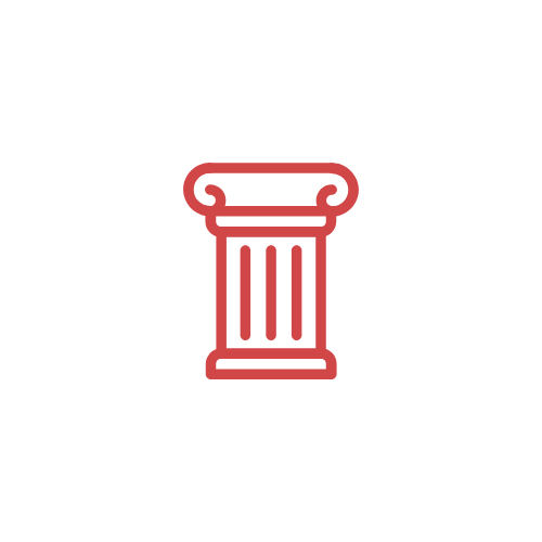 Icon of a classical column with a scroll-shaped top within a white circle, on a black background.